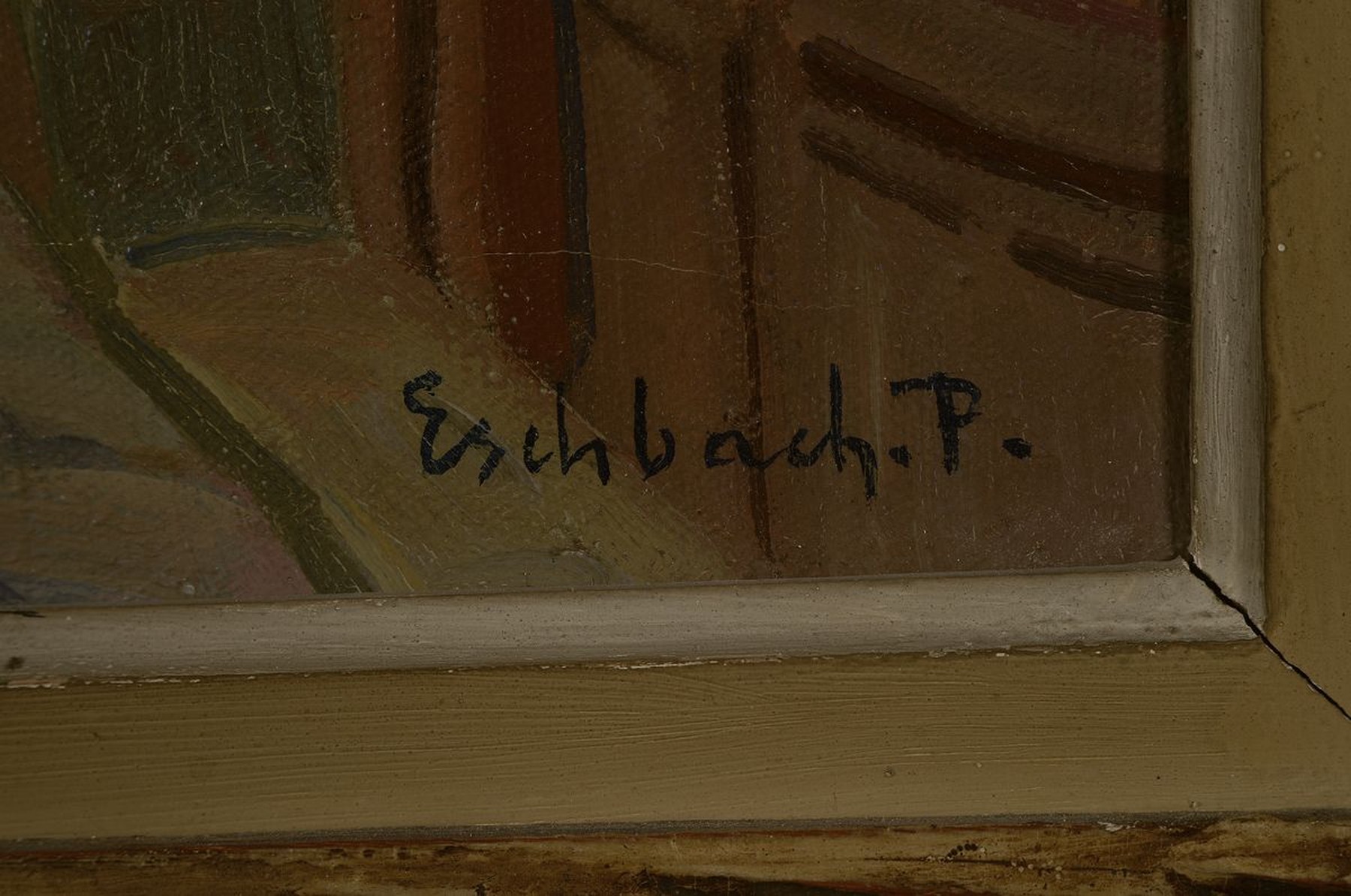 Detail a: Paul André Jean Eschbach, 1881-1961, Blick in eine Gasse, rückseitig betitelt passage musette Dyon, Öl/Lwd, rechts unten signiert, ca. 56x46cm, R. ...