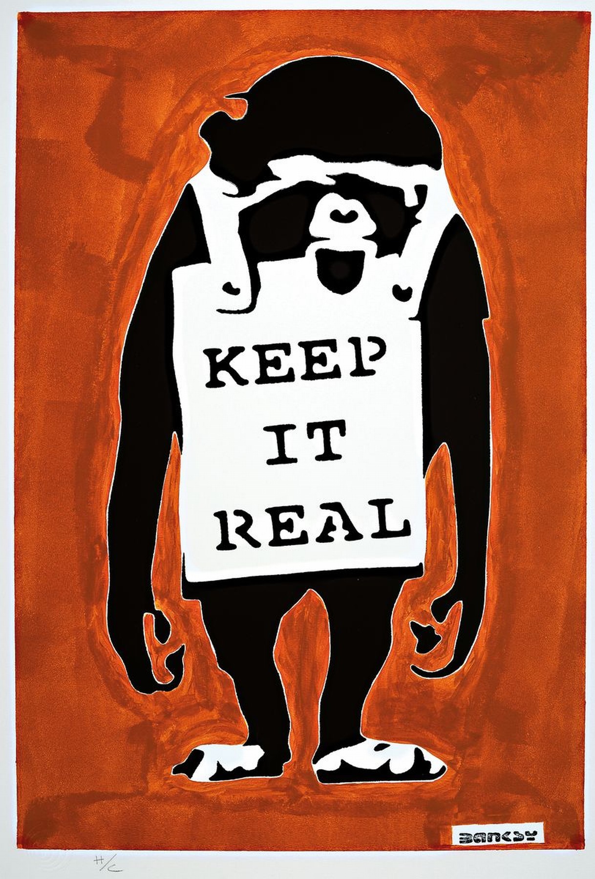 Banksy, zeitgenössischer Künstler, "Keep it Real Brown background", Siebdruck, num. H.C., Auflage 1000, inkl Zertifikat, ca. 70x50 cm