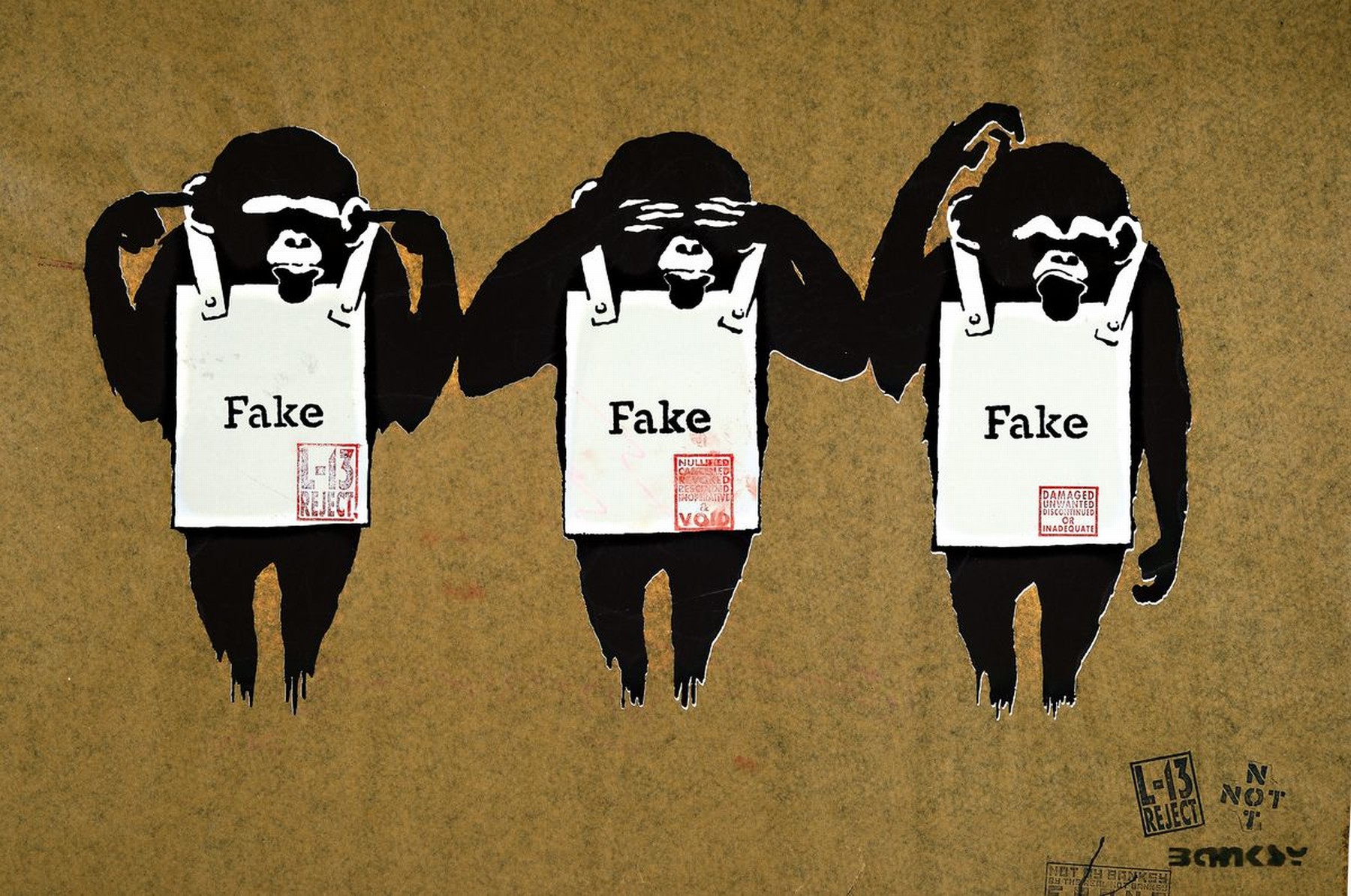 Banksy Not By Banksy , "hear not,see not, think not", Siebdruck, verso sign., dat. num. durchgestrichen 57/113, ca.58x85 cm, Rissen und ...
