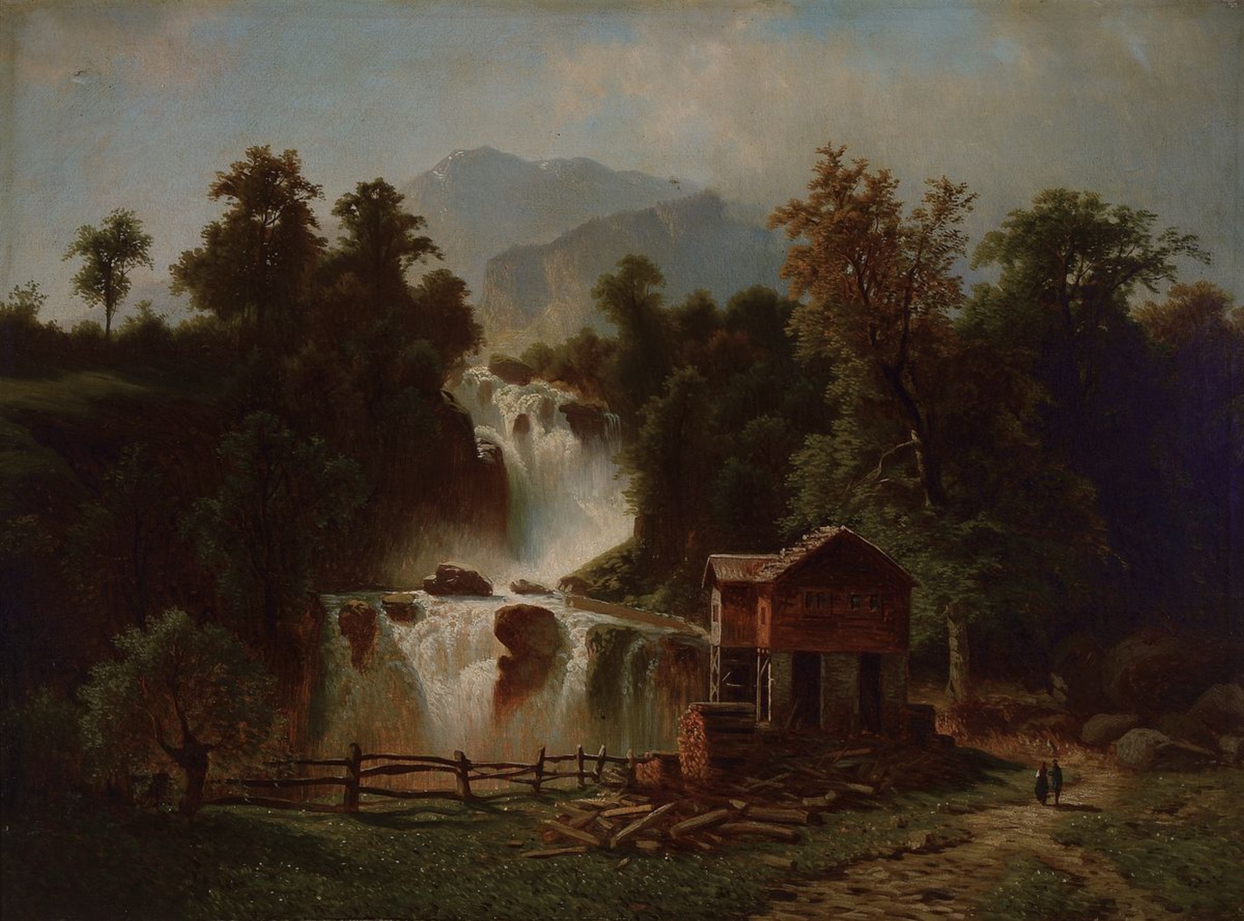 Süddeutscher Maler, um 1860/70,, Gebirgslandschaft mit Mühle und Personen, feine differenzierte Farbgebung in den Grün und Brauntönen, gekonnte ...