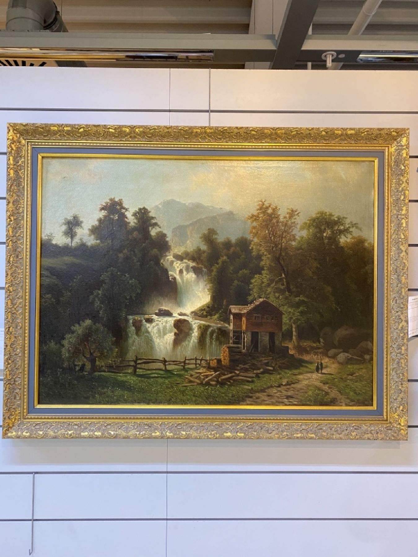 Detail b: Süddeutscher Maler, um 1860/70,, Gebirgslandschaft mit Mühle und Personen, feine differenzierte Farbgebung in den Grün und Brauntönen, gekonnte ...