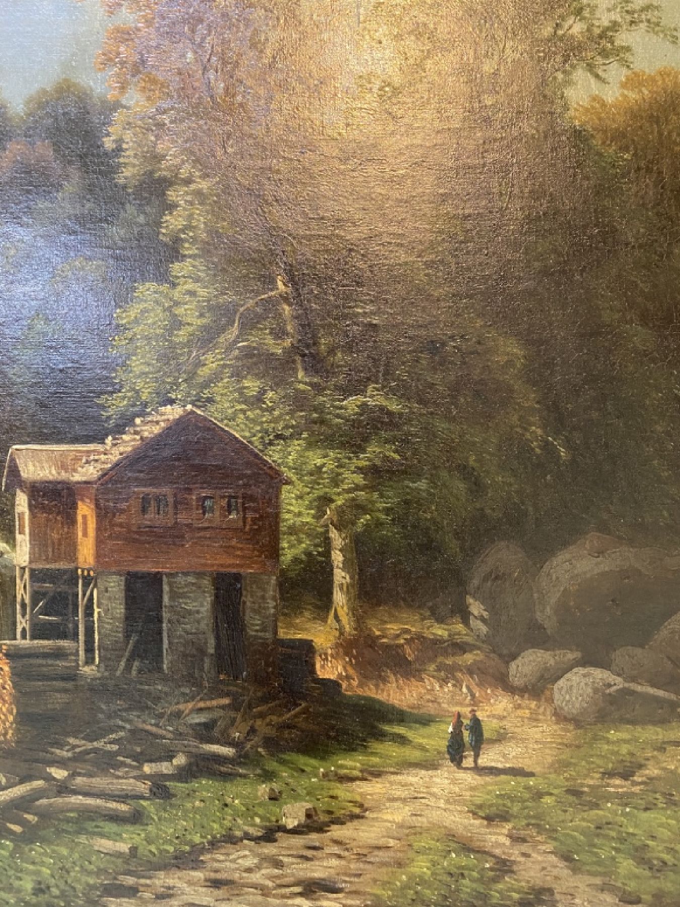 Detail c: Süddeutscher Maler, um 1860/70,, Gebirgslandschaft mit Mühle und Personen, feine differenzierte Farbgebung in den Grün und Brauntönen, gekonnte ...