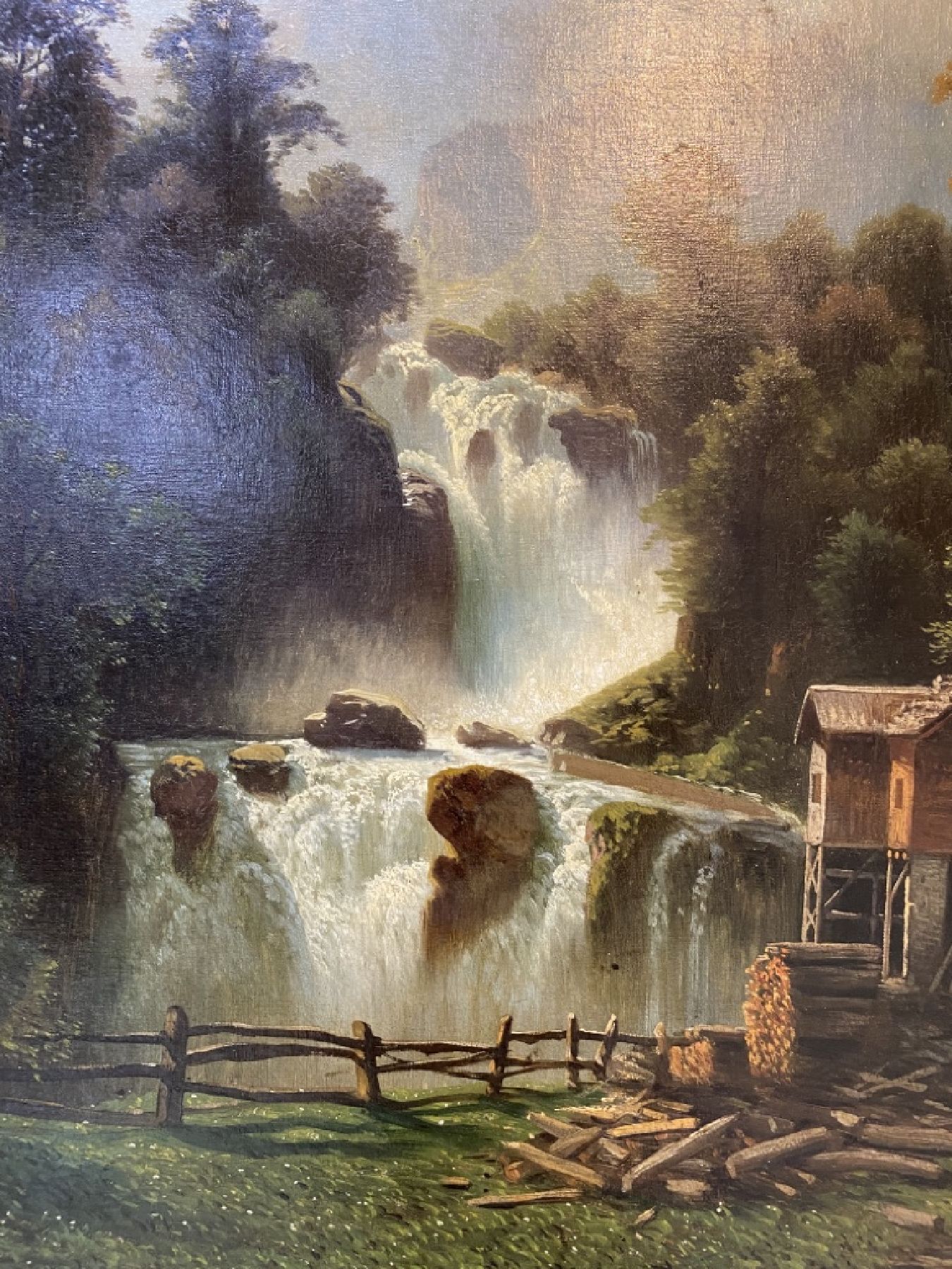 Detail d: Süddeutscher Maler, um 1860/70,, Gebirgslandschaft mit Mühle und Personen, feine differenzierte Farbgebung in den Grün und Brauntönen, gekonnte ...