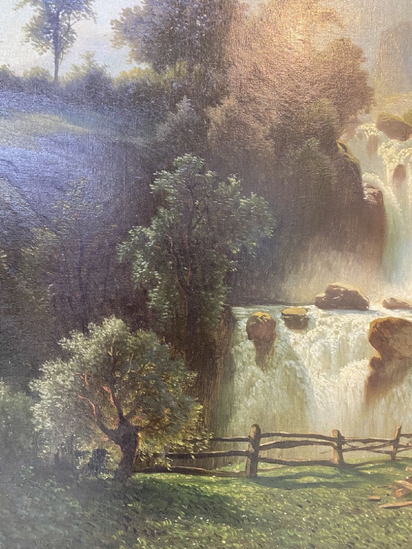 Detail e: Süddeutscher Maler, um 1860/70,, Gebirgslandschaft mit Mühle und Personen, feine differenzierte Farbgebung in den Grün und Brauntönen, gekonnte ...