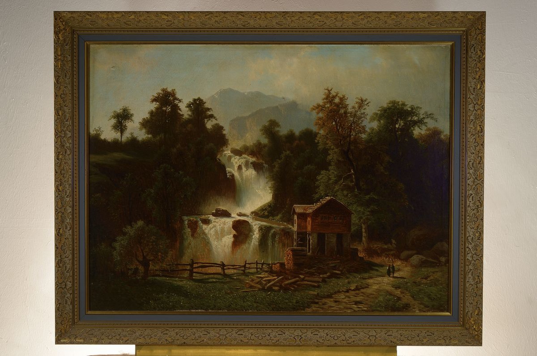 Detail k: Süddeutscher Maler, um 1860/70,, Gebirgslandschaft mit Mühle und Personen, feine differenzierte Farbgebung in den Grün und Brauntönen, gekonnte ...