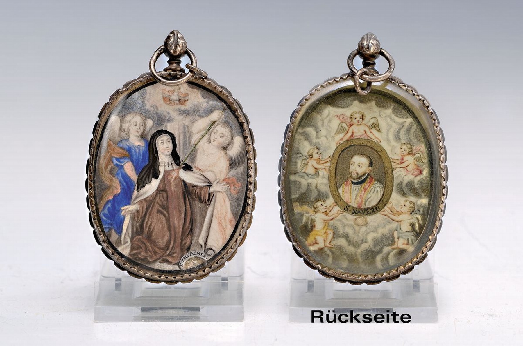 Andachtsbild, süddeutsch, um 1720, beidseitige Aquarellmalerei, Hl. Xaver und Hl. Teresa, sehr feine Miniaturmalerei, schöne Silberfassung aus der ...