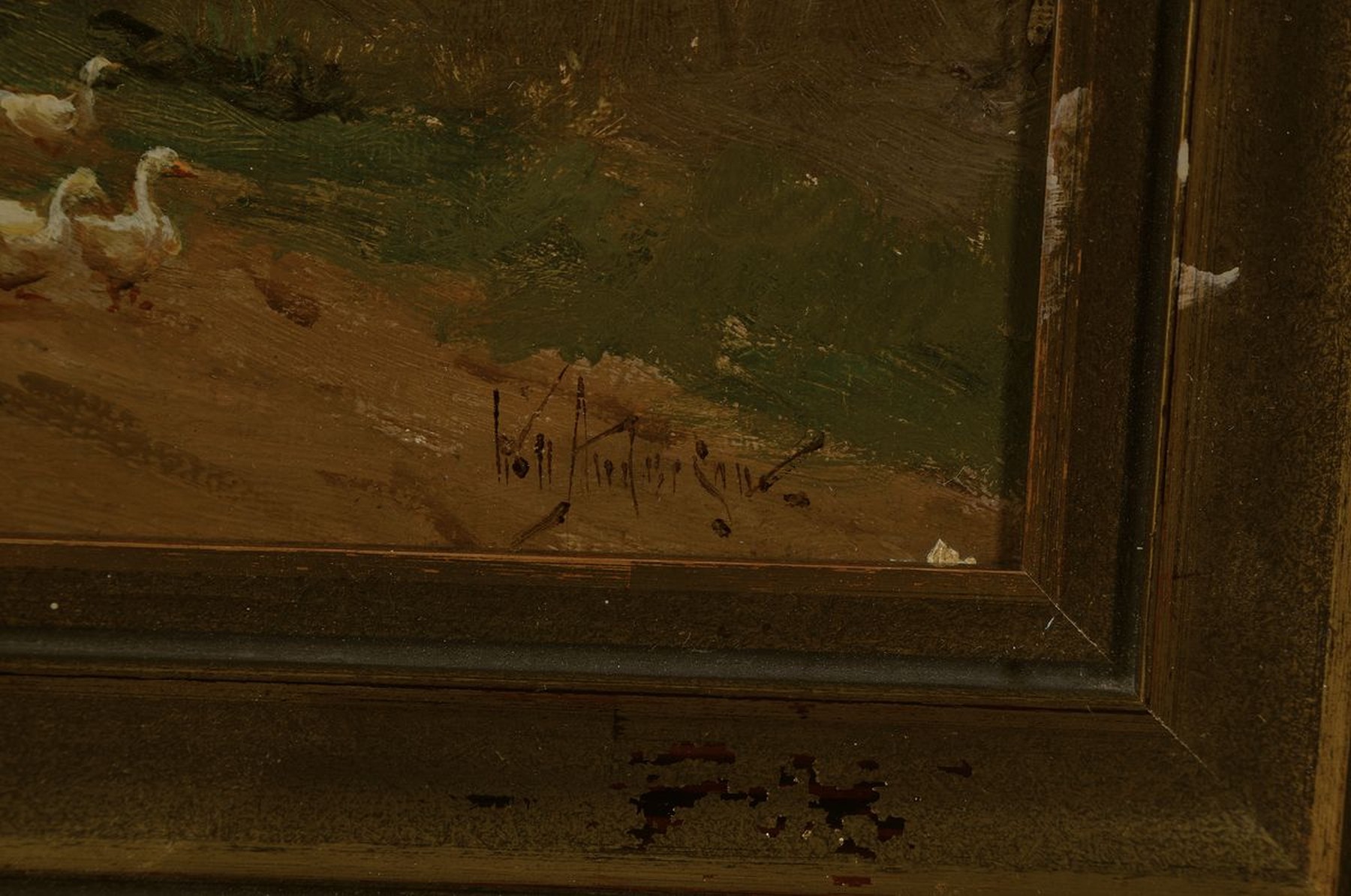 Detail a: Koll Andersen, 19./20. Jh., Dorfstraße mit Figuren und Gänsen, feine differenzierte Farbgebung, re. unten signiert, ca. 20 x 40 cm, Rahmen