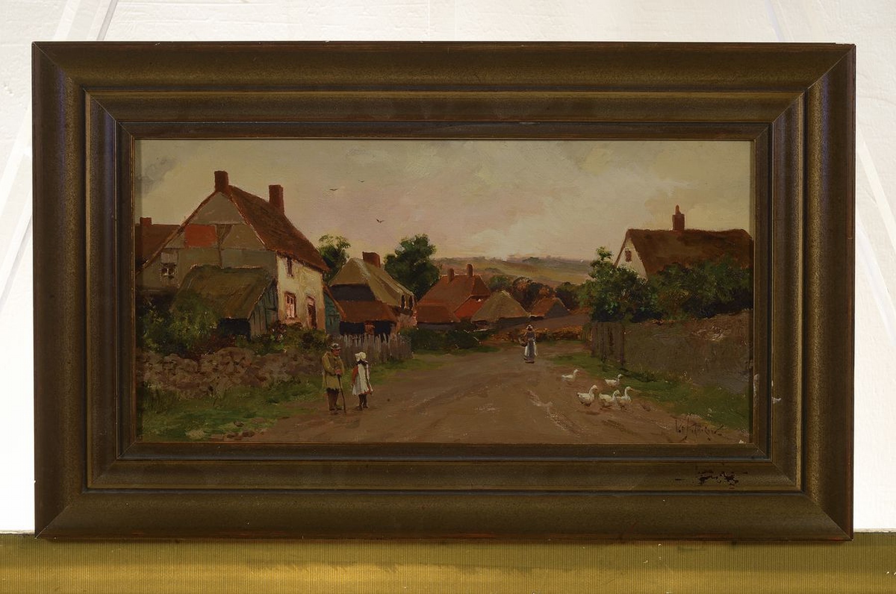 Detail k: Koll Andersen, 19./20. Jh., Dorfstraße mit Figuren und Gänsen, feine differenzierte Farbgebung, re. unten signiert, ca. 20 x 40 cm, Rahmen