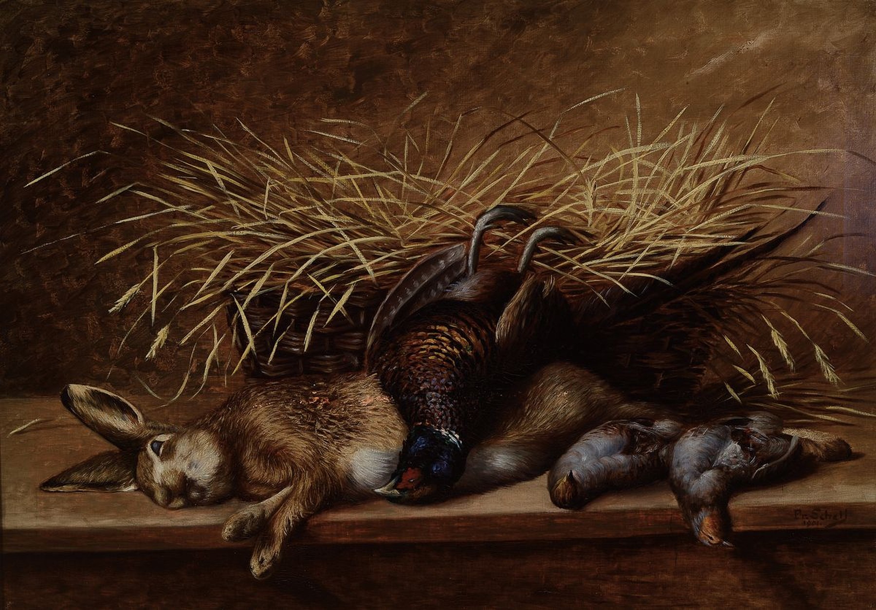 Fr. Schell, Künstler um 1901, Jagdstillleben, Öl/Lwd, re. u. signiert, ca. 70 x 100 cm, Rahmen