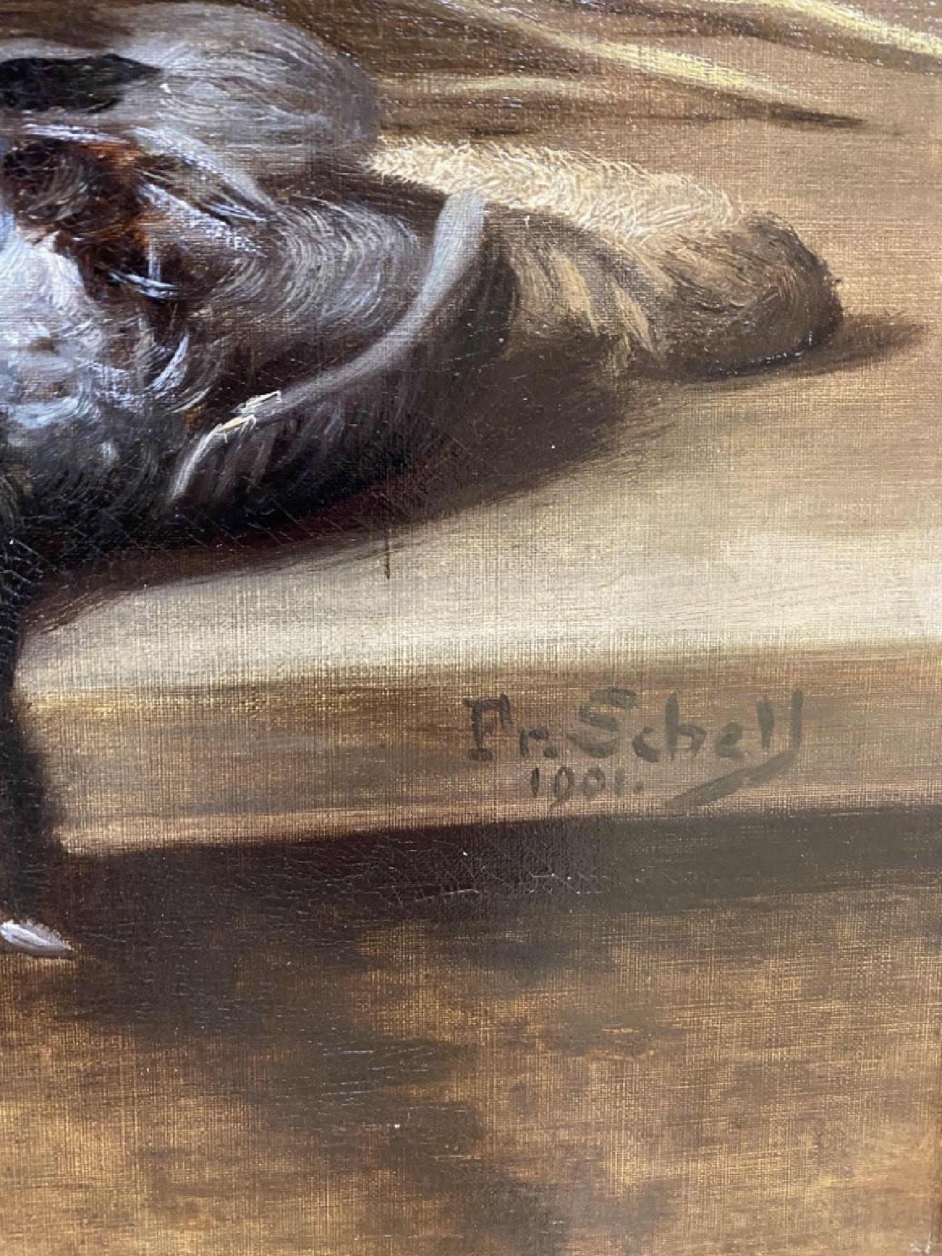 Detail f: Fr. Schell, Künstler um 1901, Jagdstillleben, Öl/Lwd, re. u. signiert, ca. 70 x 100 cm, Rahmen