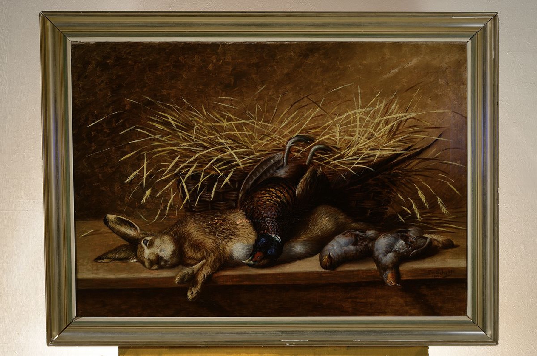 Detail k: Fr. Schell, Künstler um 1901, Jagdstillleben, Öl/Lwd, re. u. signiert, ca. 70 x 100 cm, Rahmen