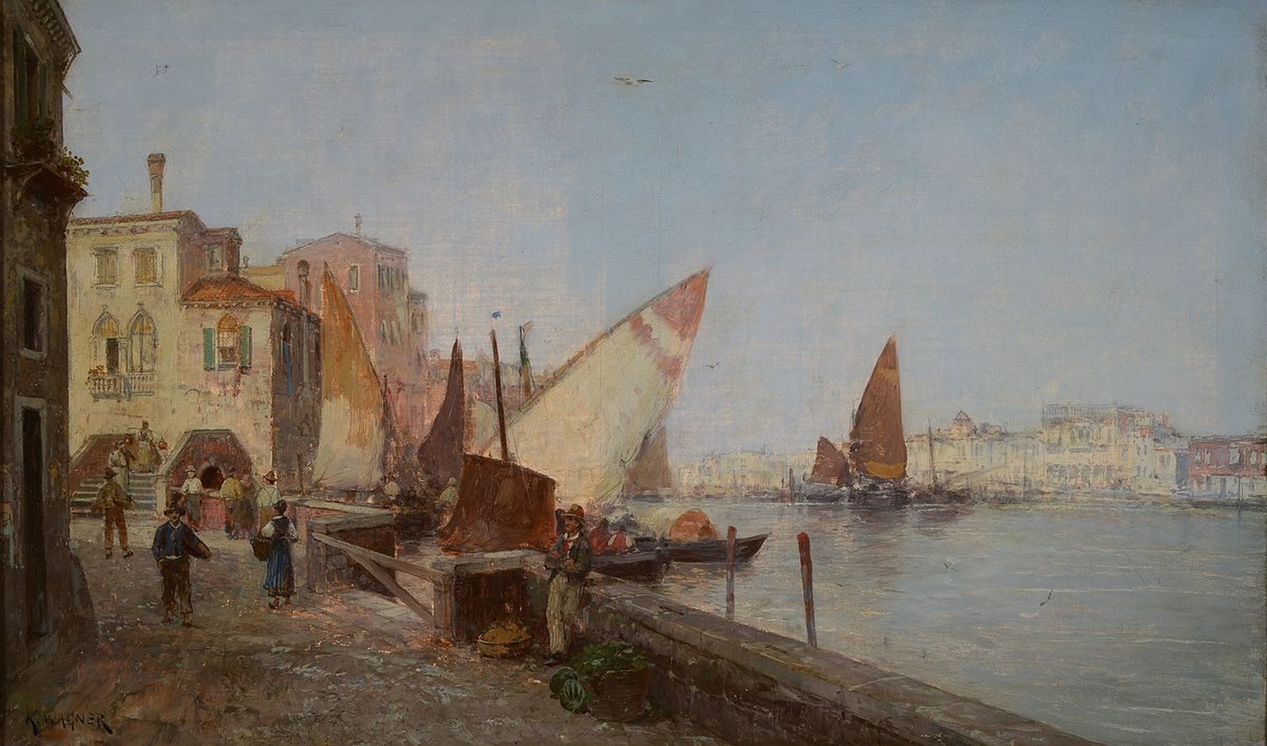 Karl Wagner, 1877 Gochsheim - ca. 1942 Ansicht von Venedig, oben links Lwd Schaden Öl/Lwd, signiert, ca. 50x 82 cm, Rahmen