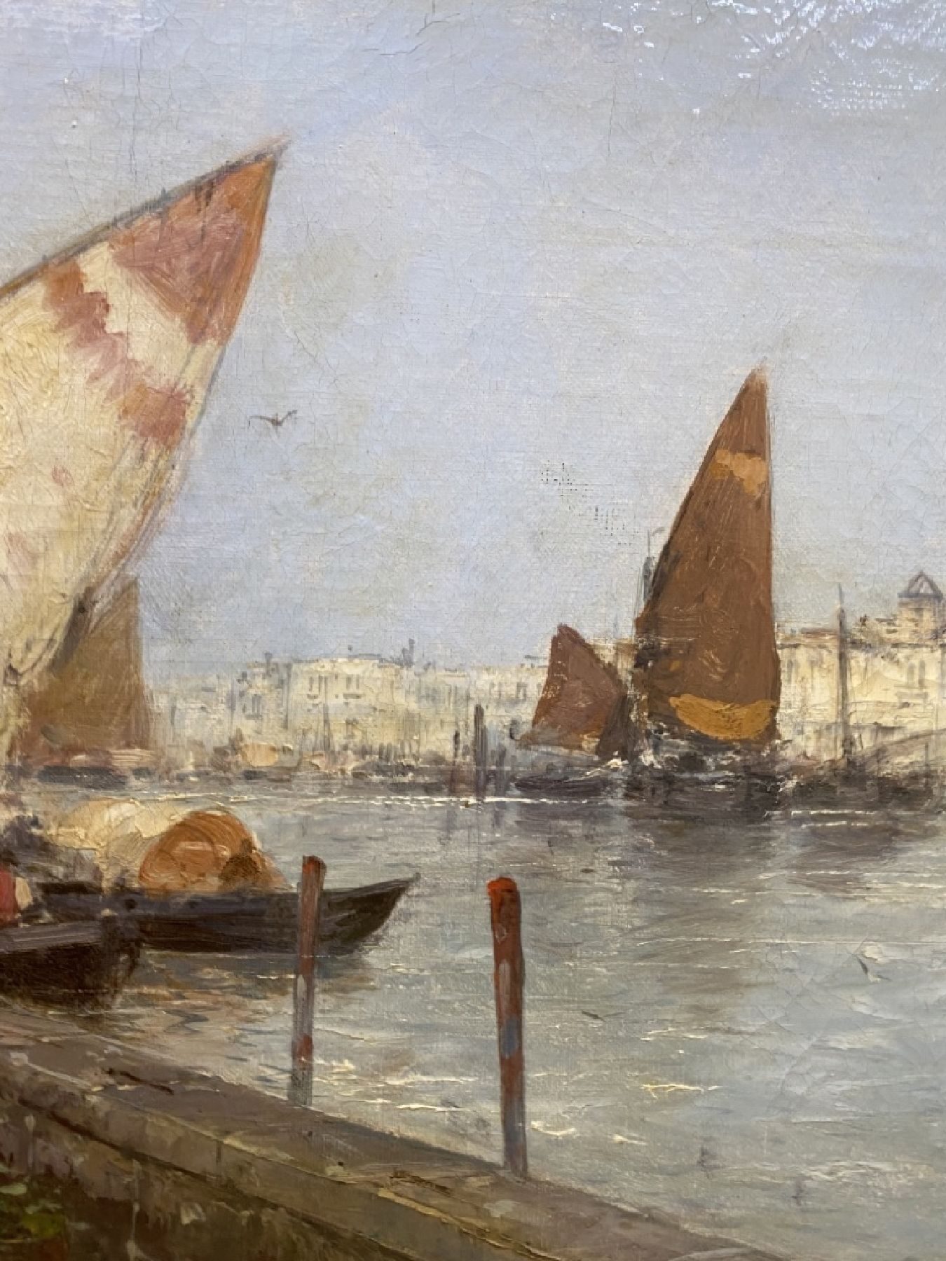 Detail f: Karl Wagner, 1877 Gochsheim - ca. 1942 Ansicht von Venedig, oben links Lwd Schaden Öl/Lwd, signiert, ca. 50x 82 cm, Rahmen
