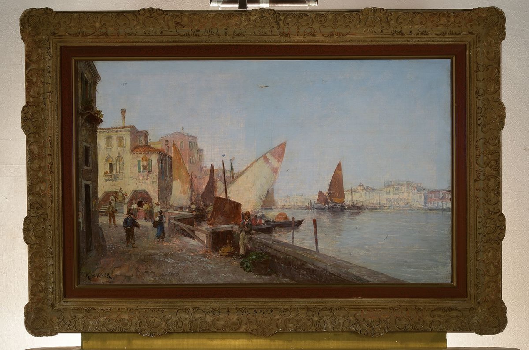 Detail k: Karl Wagner, 1877 Gochsheim - ca. 1942 Ansicht von Venedig, oben links Lwd Schaden Öl/Lwd, signiert, ca. 50x 82 cm, Rahmen