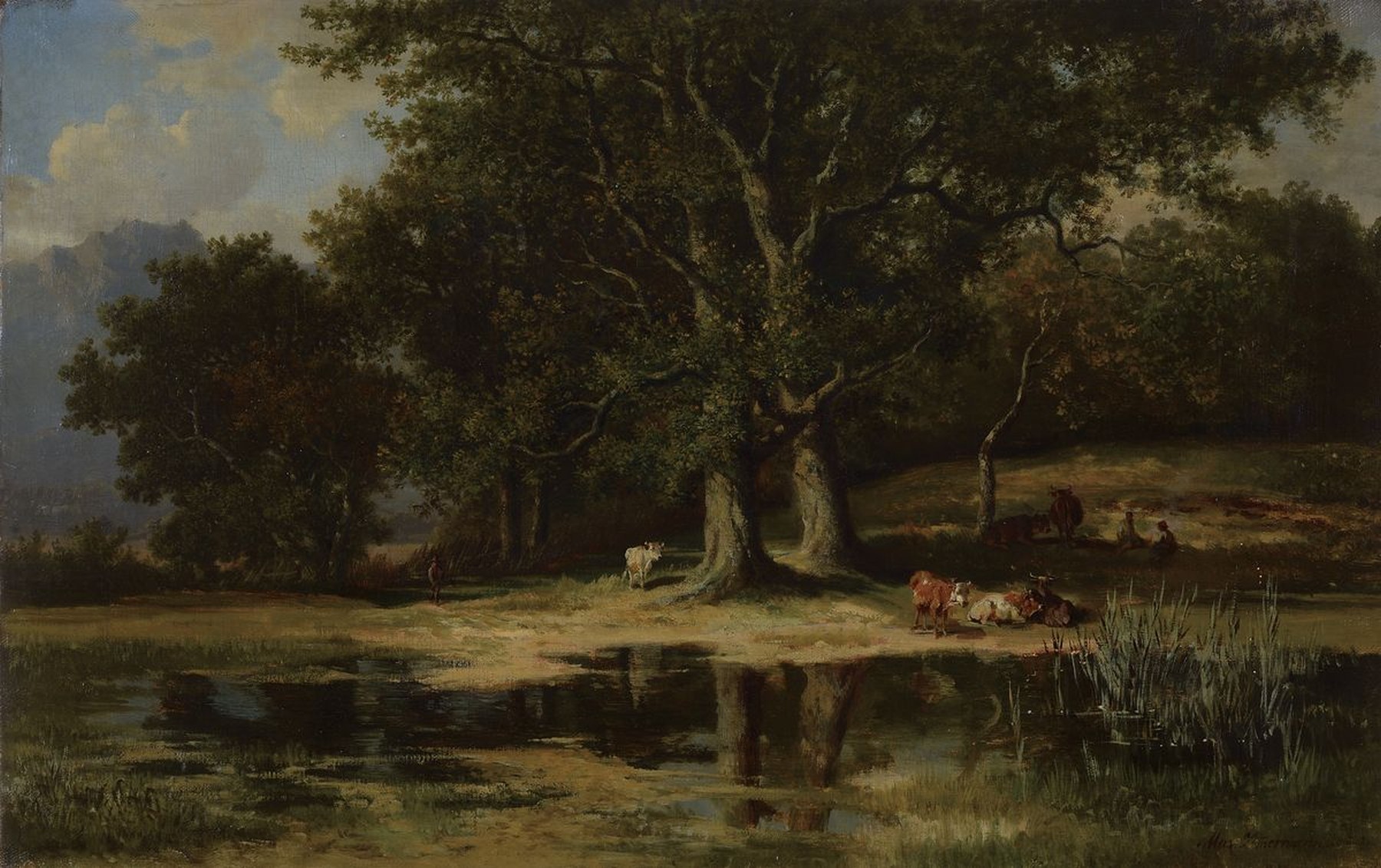Maximilian August Zimmermann, 1811- 1878, Hirten mit Tieren am See, im Schatten ruhende Hirten mit ihren Tieren, feine differenzierte Malerei, ...
