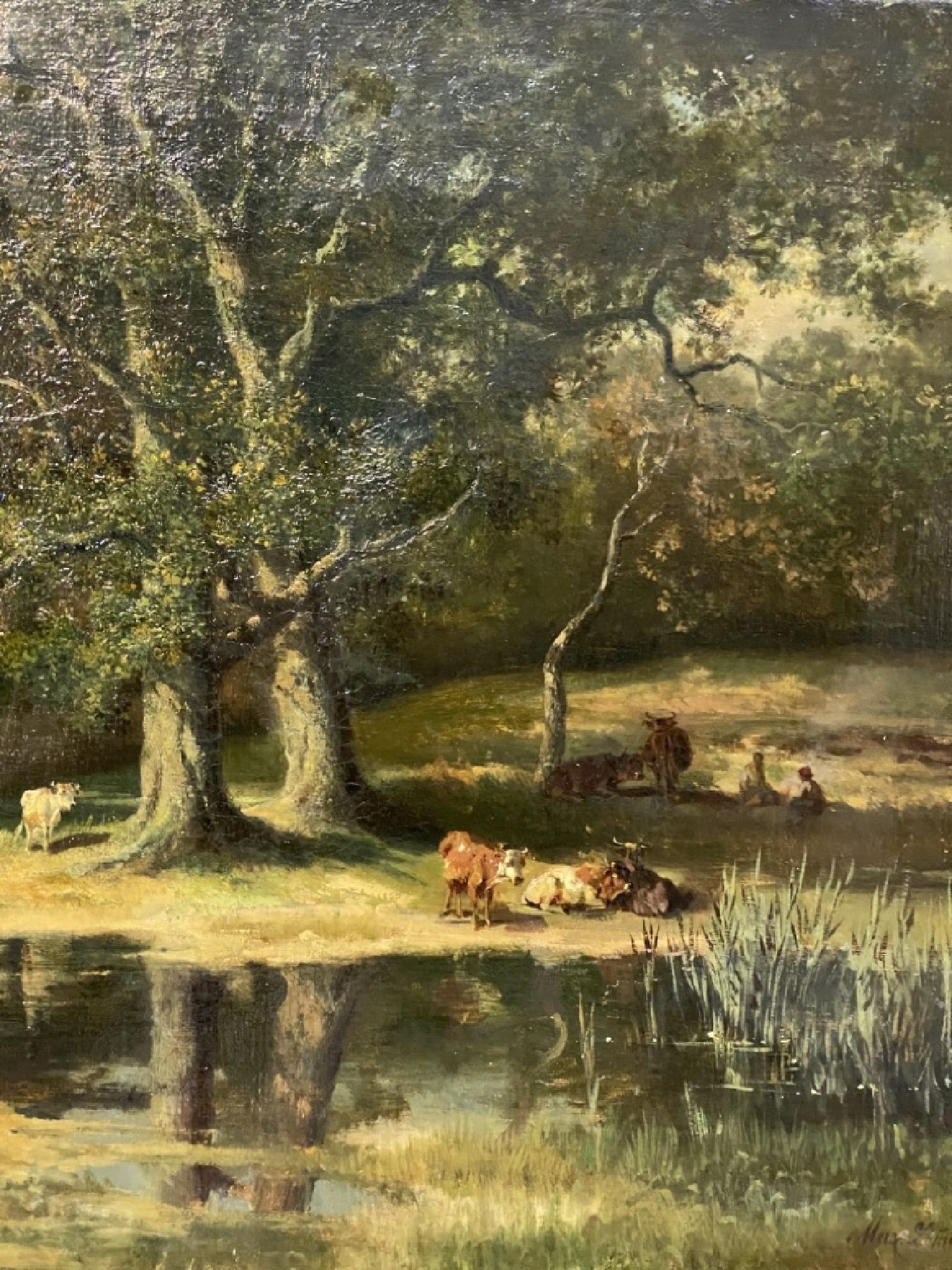 Detail c: Maximilian August Zimmermann, 1811- 1878, Hirten mit Tieren am See, im Schatten ruhende Hirten mit ihren Tieren, feine differenzierte Malerei, ...
