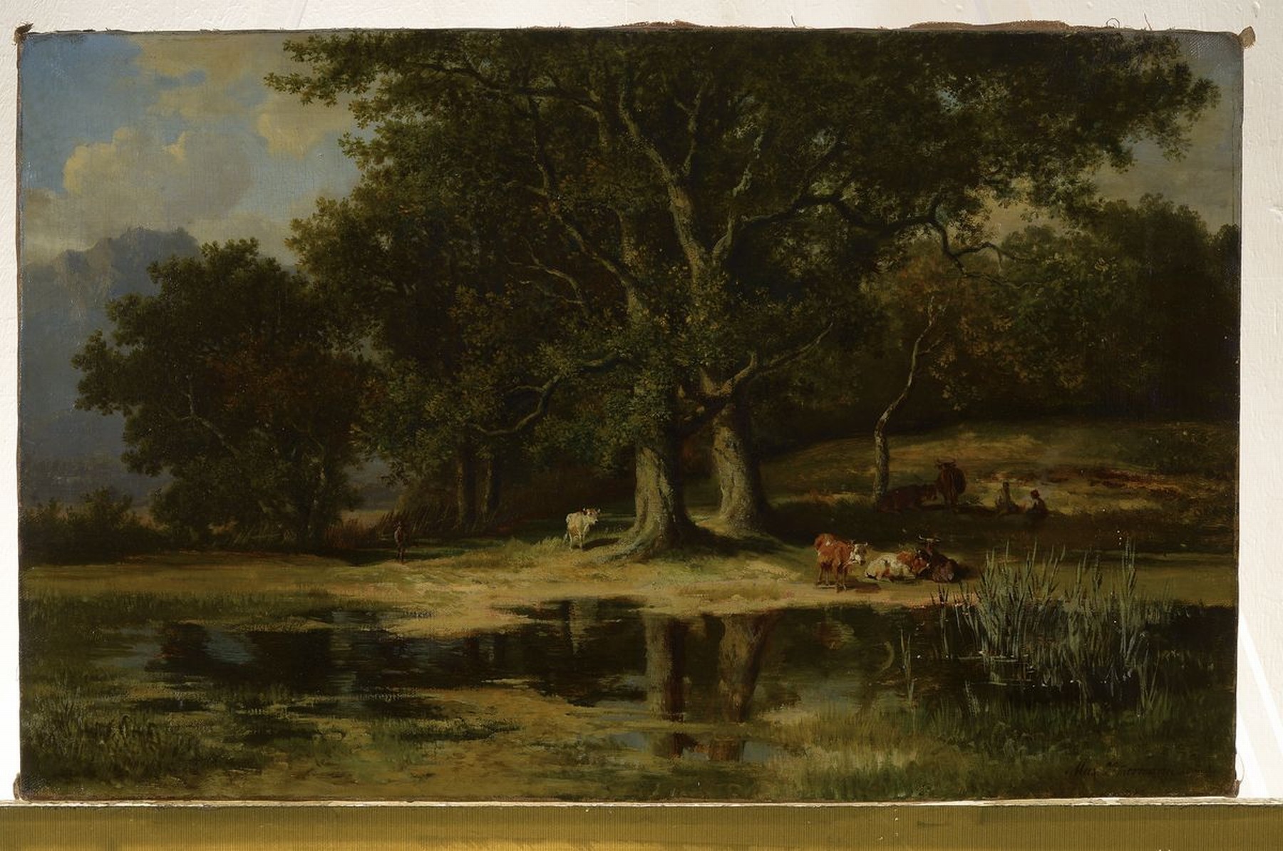 Detail k: Maximilian August Zimmermann, 1811- 1878, Hirten mit Tieren am See, im Schatten ruhende Hirten mit ihren Tieren, feine differenzierte Malerei, ...