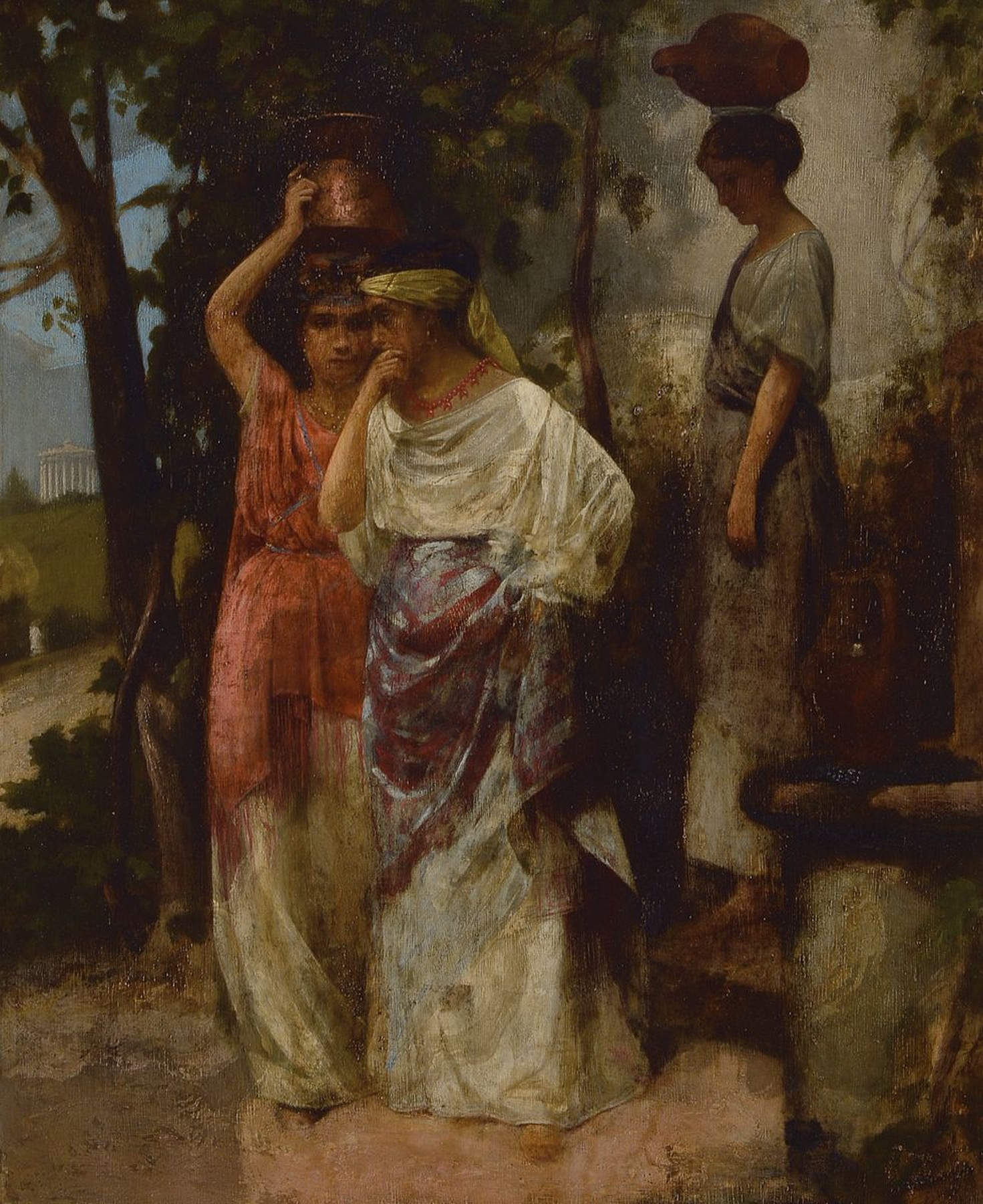 Italienischer Monogrammist, um 1860, Frauen mit Wassergefäßen auf dem Kopf, feine lasierende Malerei, hohe Stofflichkeit, sehr gute Lichtführung, ...