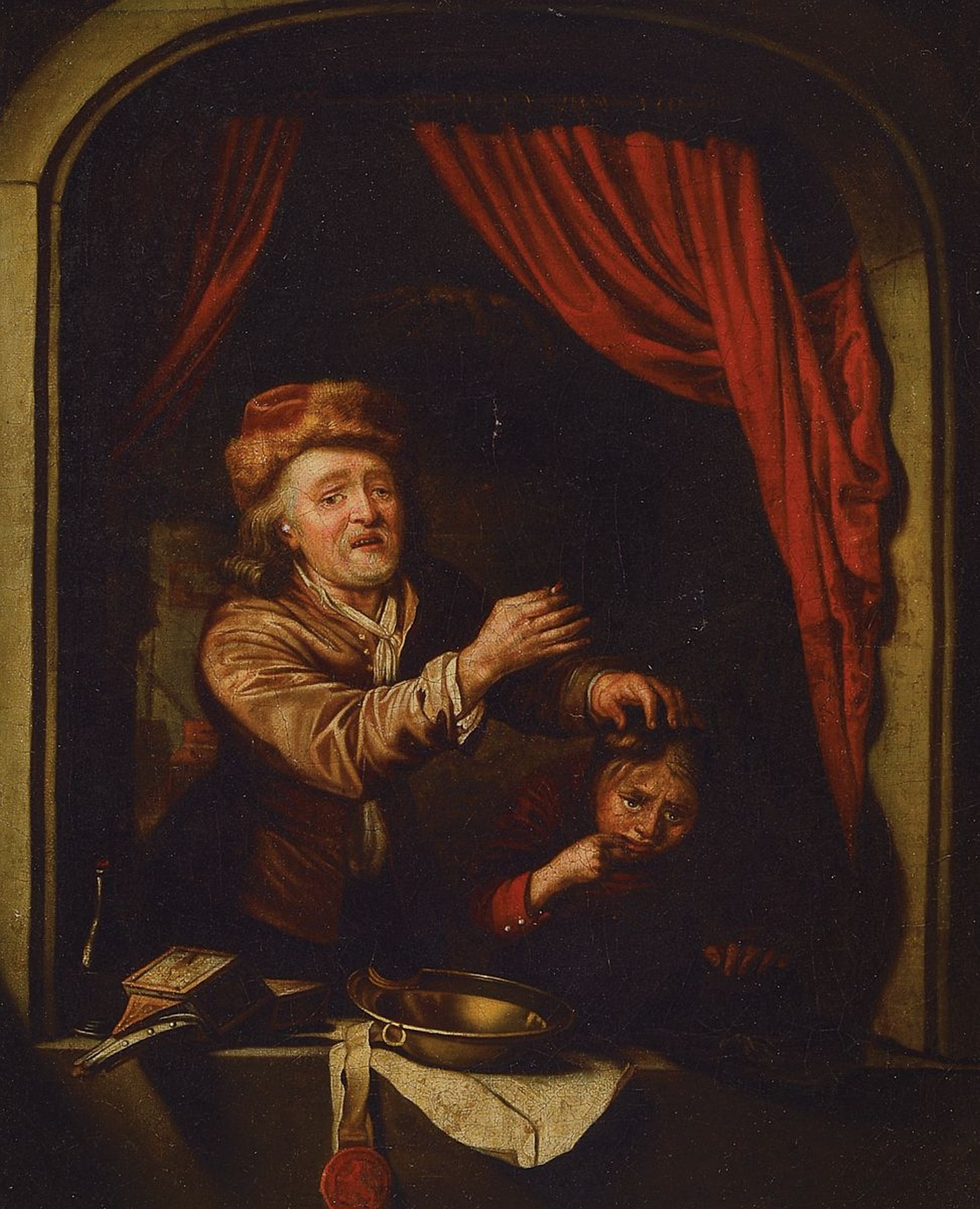 Unbekannter Künstler, 18. Jh., Zahnbehandlung, Öl/Lwd, krakeliert, rest., doubliert, ca. 32 x 26 cm, mittig in Rot Spuren einer Signatur