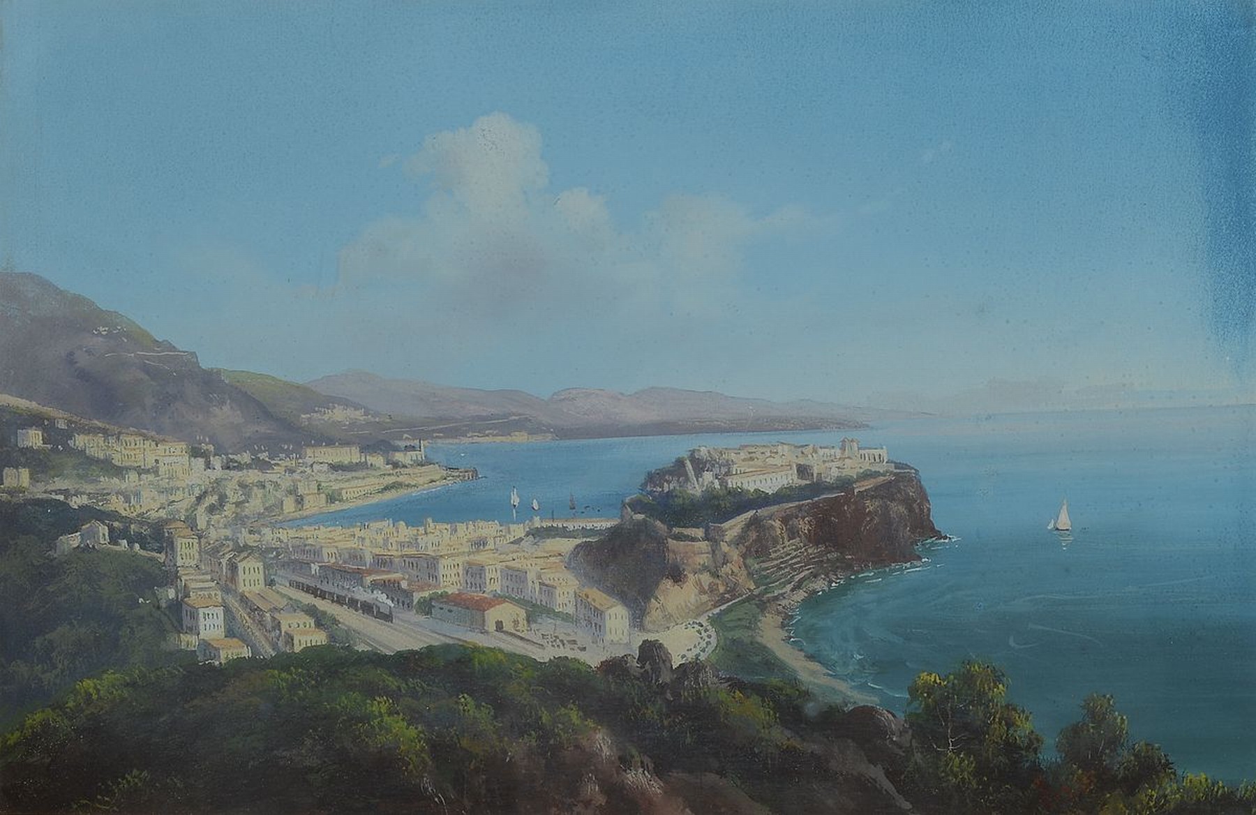 B. Meuris, 19. Jh., Küstenansicht von Monaco, Gouache/Papier, re. u. in Rot signiert, ca. 26 x 39 cm, Rahmen, PP., ca. 42 x 56 cm