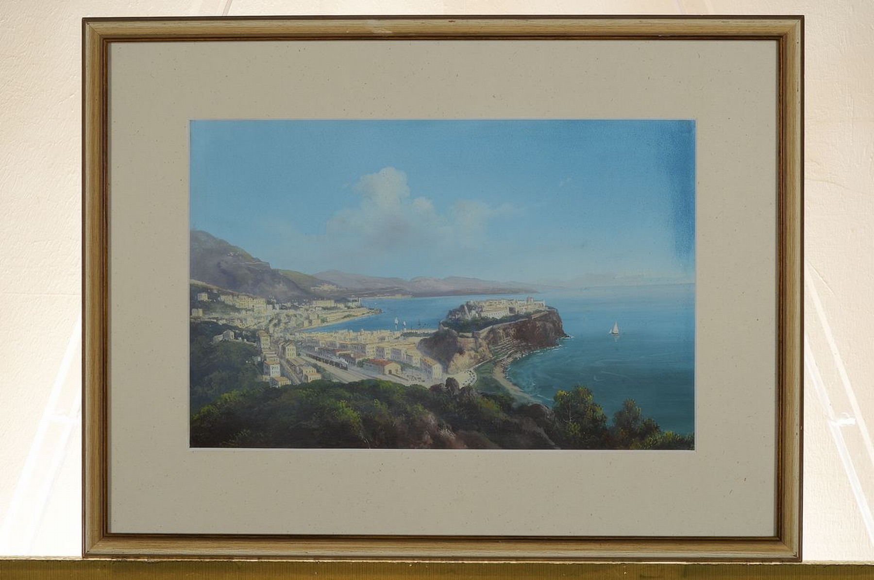 Detail k: B. Meuris, 19. Jh., Küstenansicht von Monaco, Gouache/Papier, re. u. in Rot signiert, ca. 26 x 39 cm, Rahmen, PP., ca. 42 x 56 cm