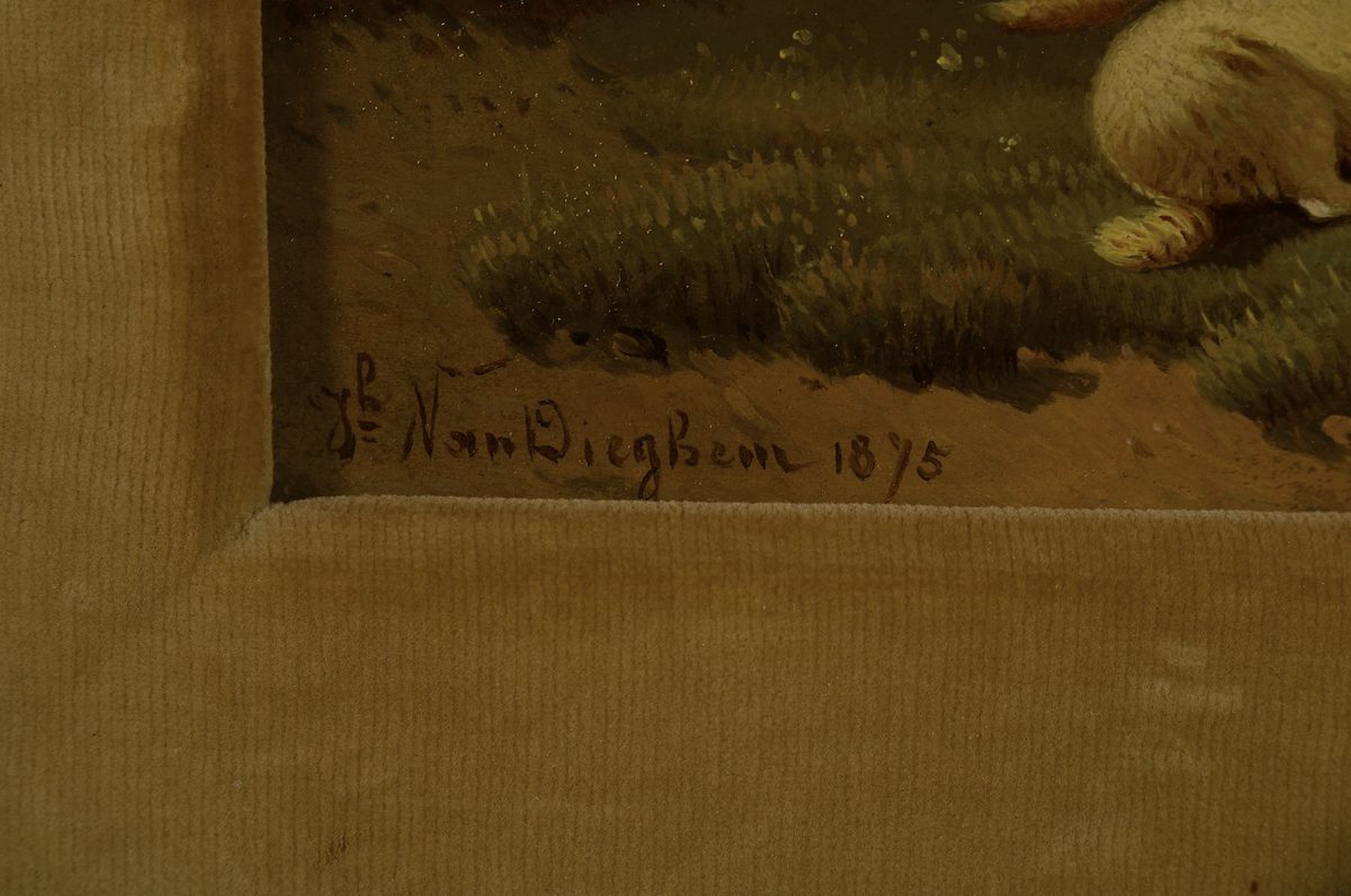 Detail a: Joseph van Dieghem, 1843-1885, dat. 1875, Schafe auf der Weide, Öl/Holz, signiert, ca. 21 x 29 cm, Rahmen: 35 x 43 cm