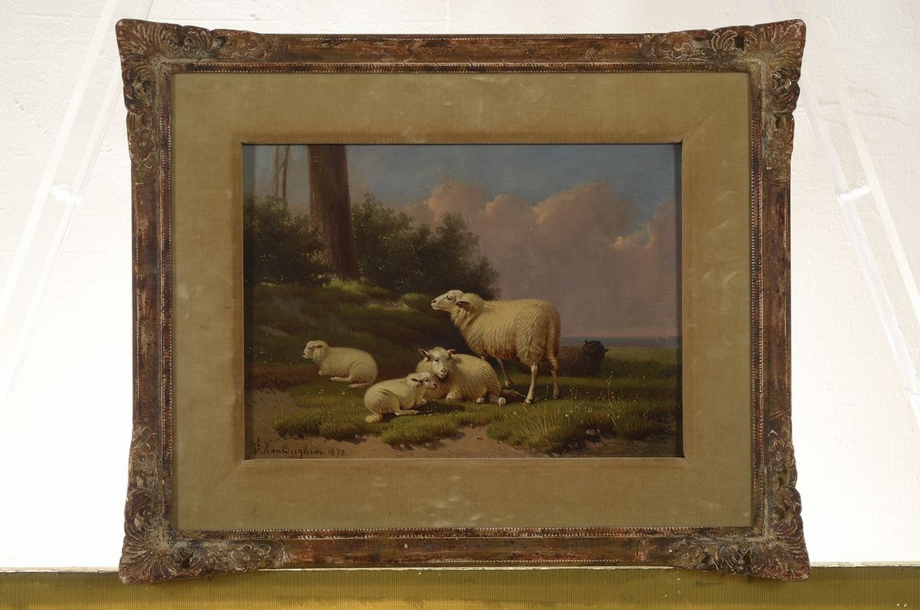 Detail k: Joseph van Dieghem, 1843-1885, dat. 1875, Schafe auf der Weide, Öl/Holz, signiert, ca. 21 x 29 cm, Rahmen: 35 x 43 cm