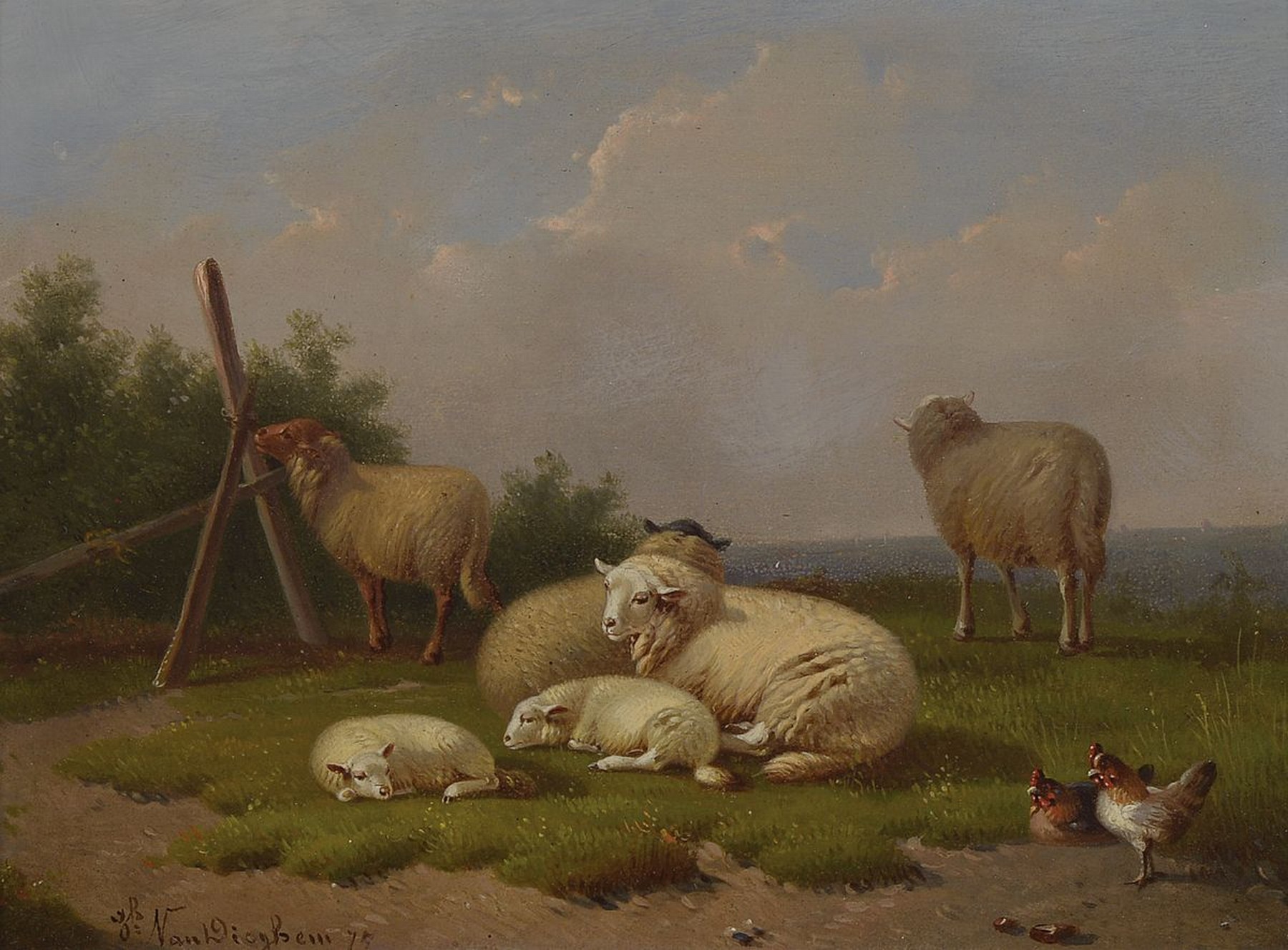 Joseph van Dieghem, 1843-1885, dat. 1875, Schafe auf der Weide, Öl/Holz, signiert, ca. 21 x 29 cm, Rahmen: 35 x 43 cm