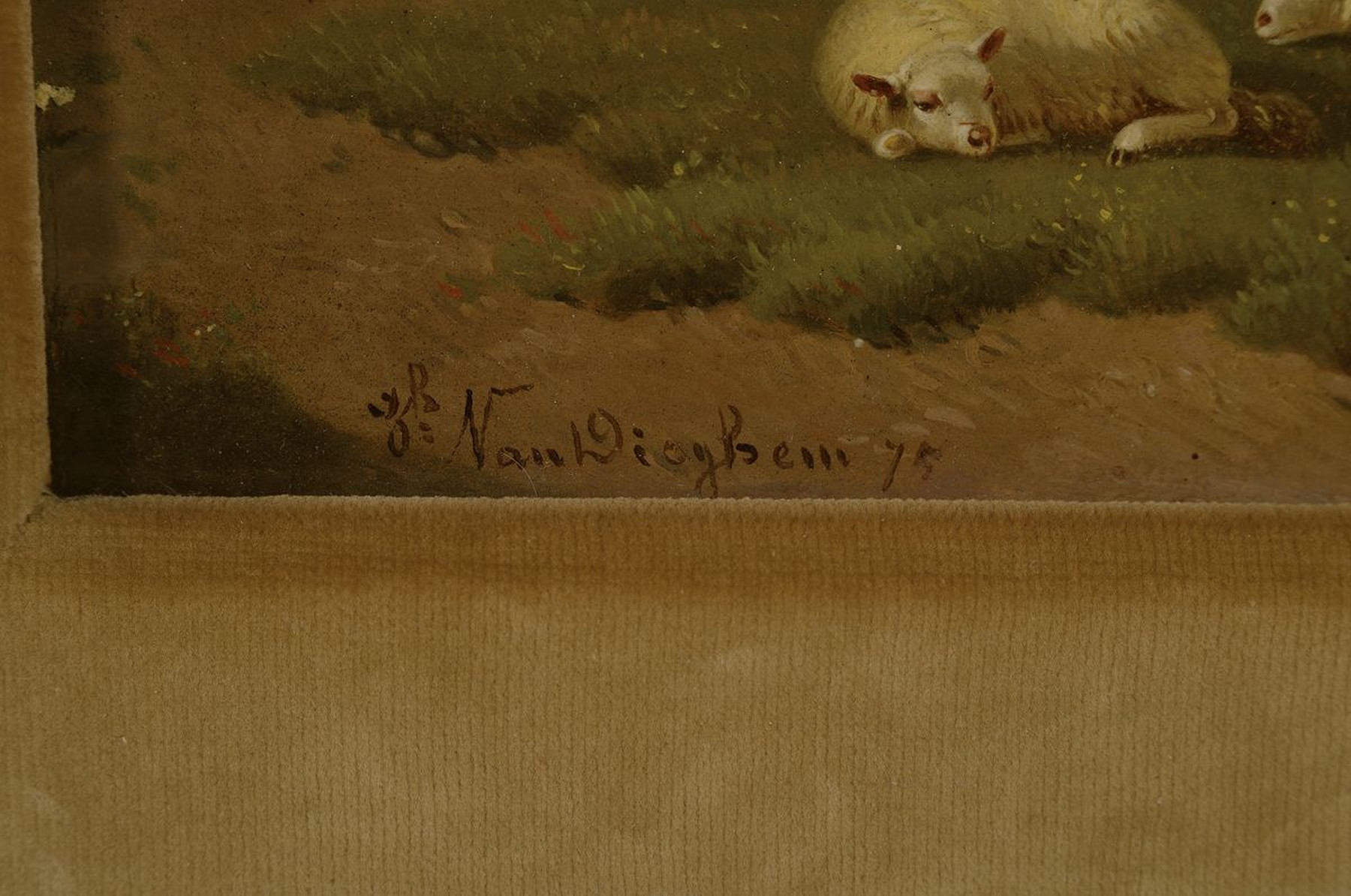 Detail a: Joseph van Dieghem, 1843-1885, dat. 1875, Schafe auf der Weide, Öl/Holz, signiert, ca. 21 x 29 cm, Rahmen: 35 x 43 cm