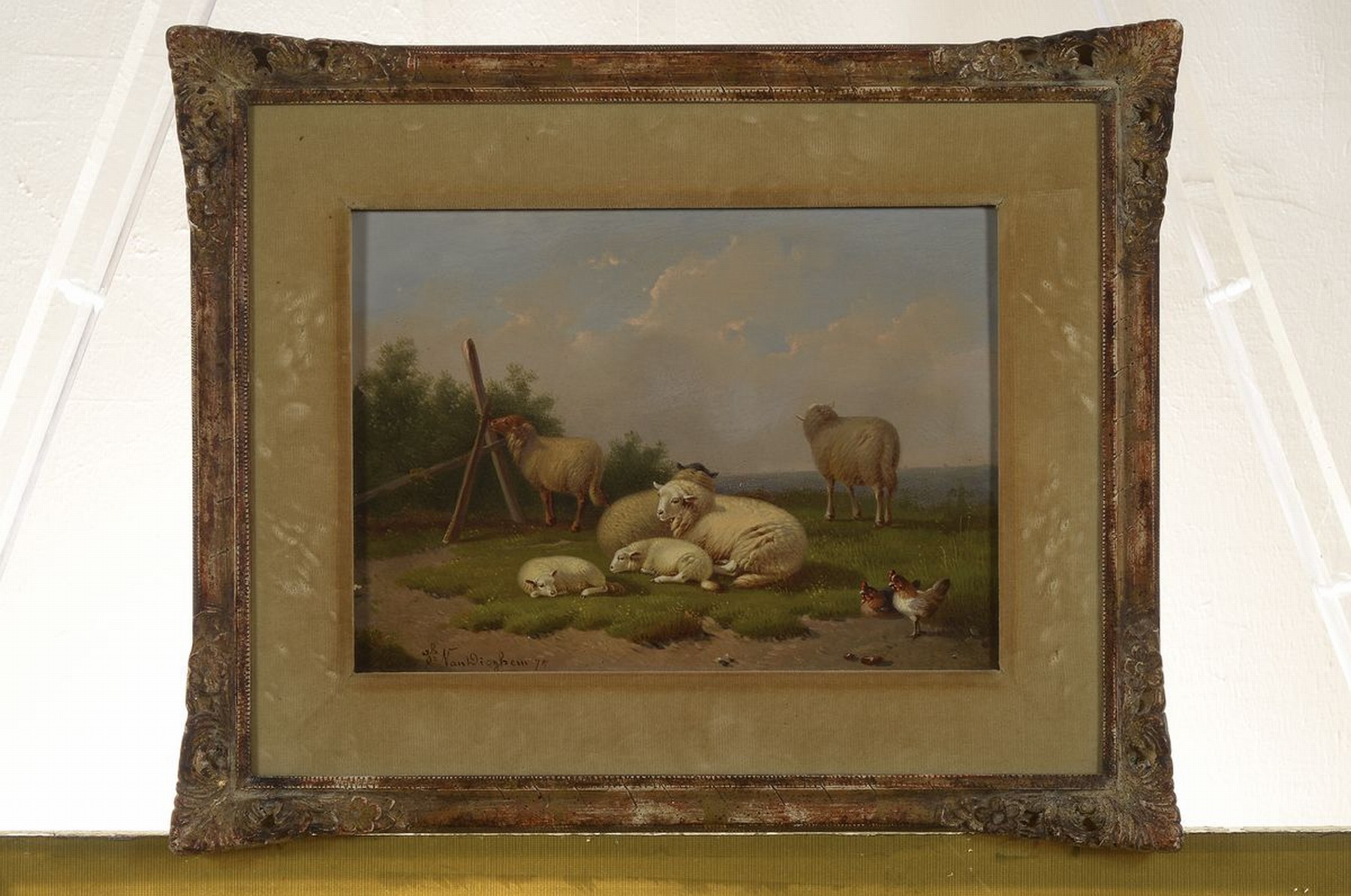 Detail k: Joseph van Dieghem, 1843-1885, dat. 1875, Schafe auf der Weide, Öl/Holz, signiert, ca. 21 x 29 cm, Rahmen: 35 x 43 cm