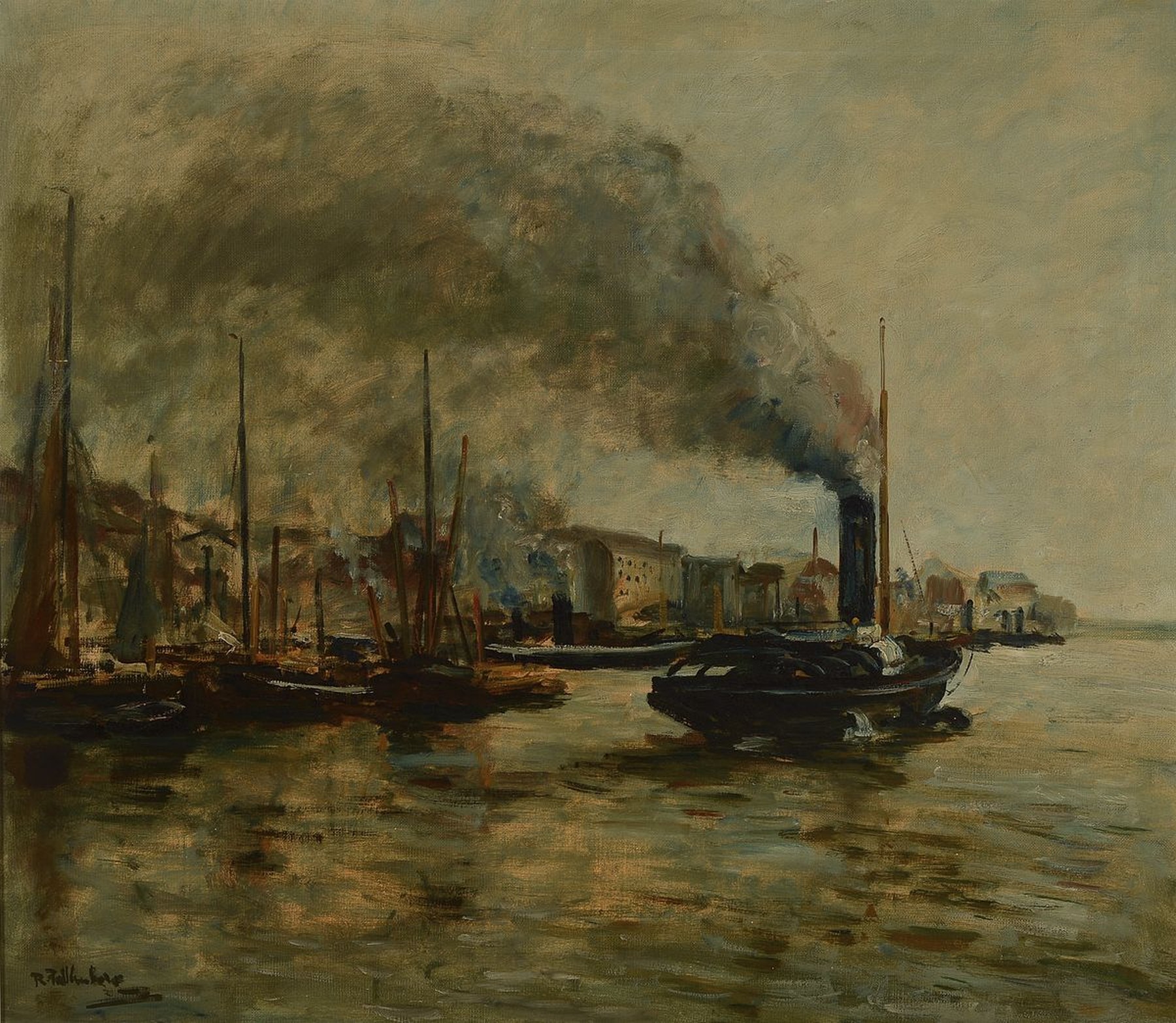Richard Falkenberg, 1875 Wuppertal-1948 Zeulenroda, Blick auf ein Dampfschiff im Hafen, Öl/Lwd, links unten signiert, ca. 70x80cm, R. ca. 80x90cm, ...