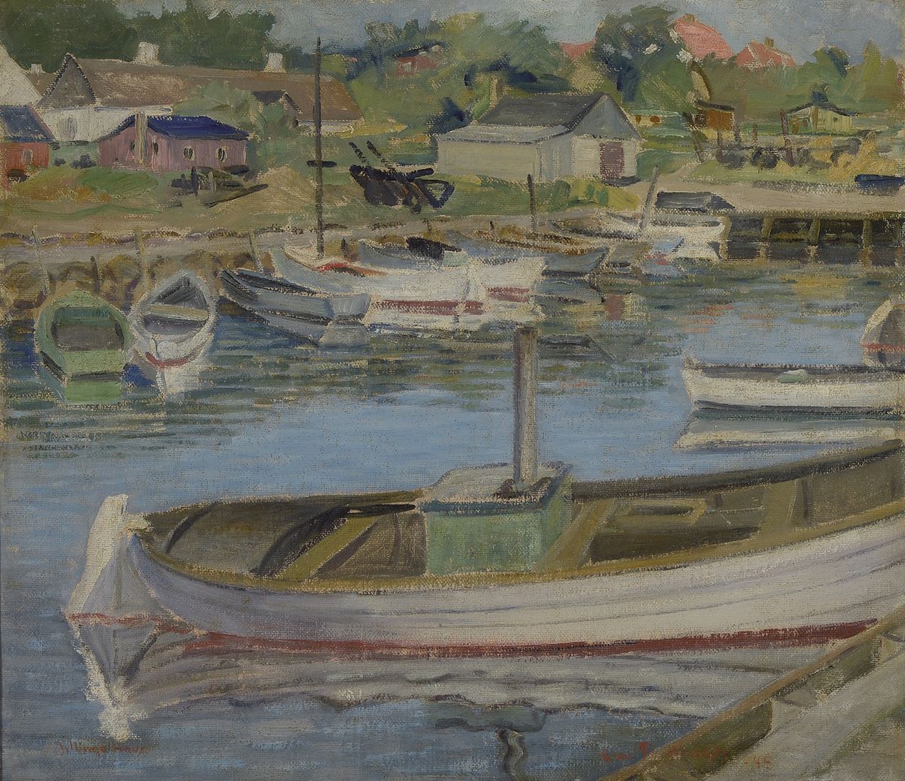 Hjalmar Alexander Krogh-Petersen, 1883-1962,Blick in einen Bootshafen, Öl/Lwd, rechts unten signiert und dat. 45, ortsbez.: Iyllinge Have, ca. ...