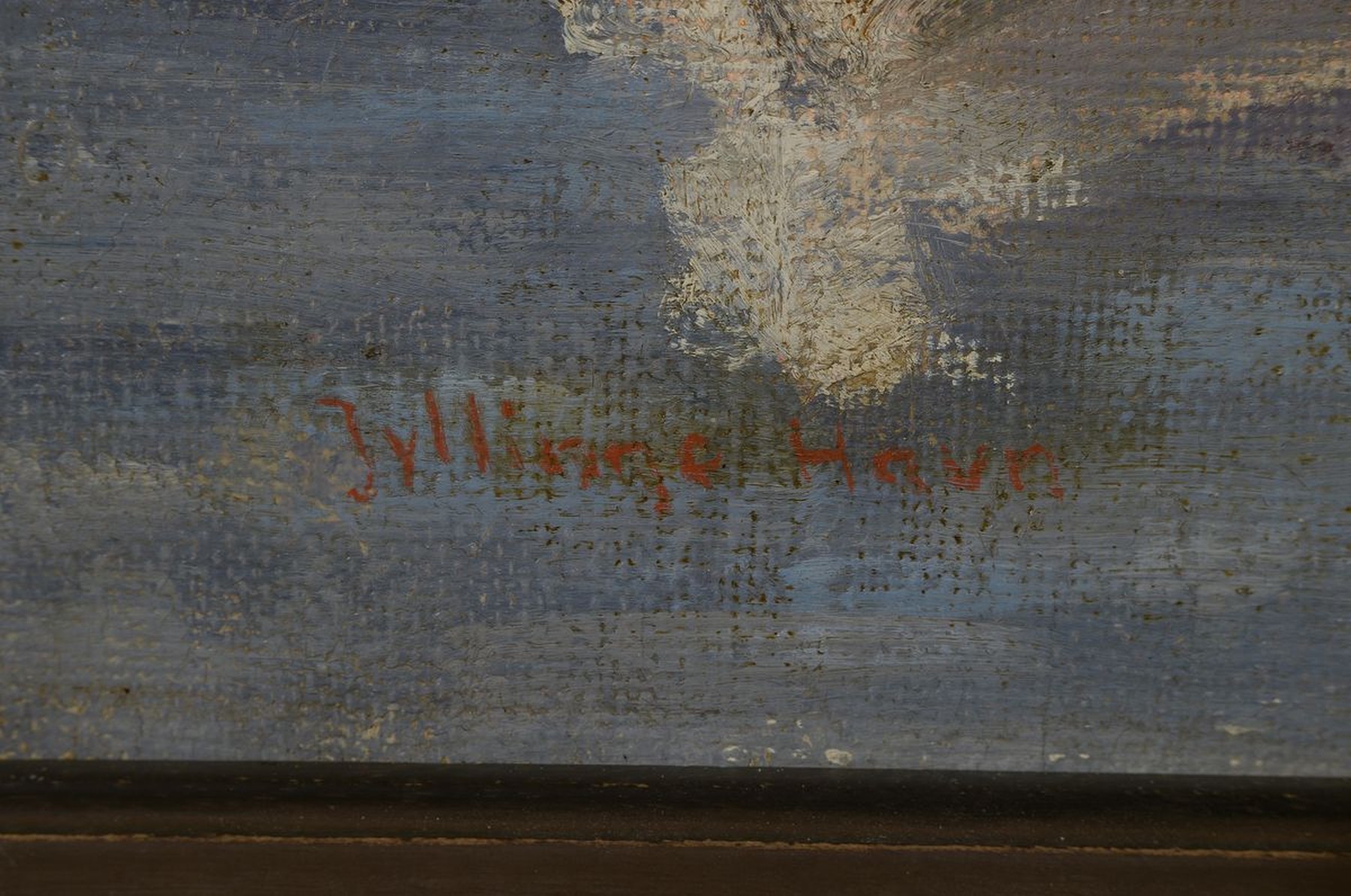 Detail a: Hjalmar Alexander Krogh-Petersen, 1883-1962,Blick in einen Bootshafen, Öl/Lwd, rechts unten signiert und dat. 45, ortsbez.: Iyllinge Have, ca. ...