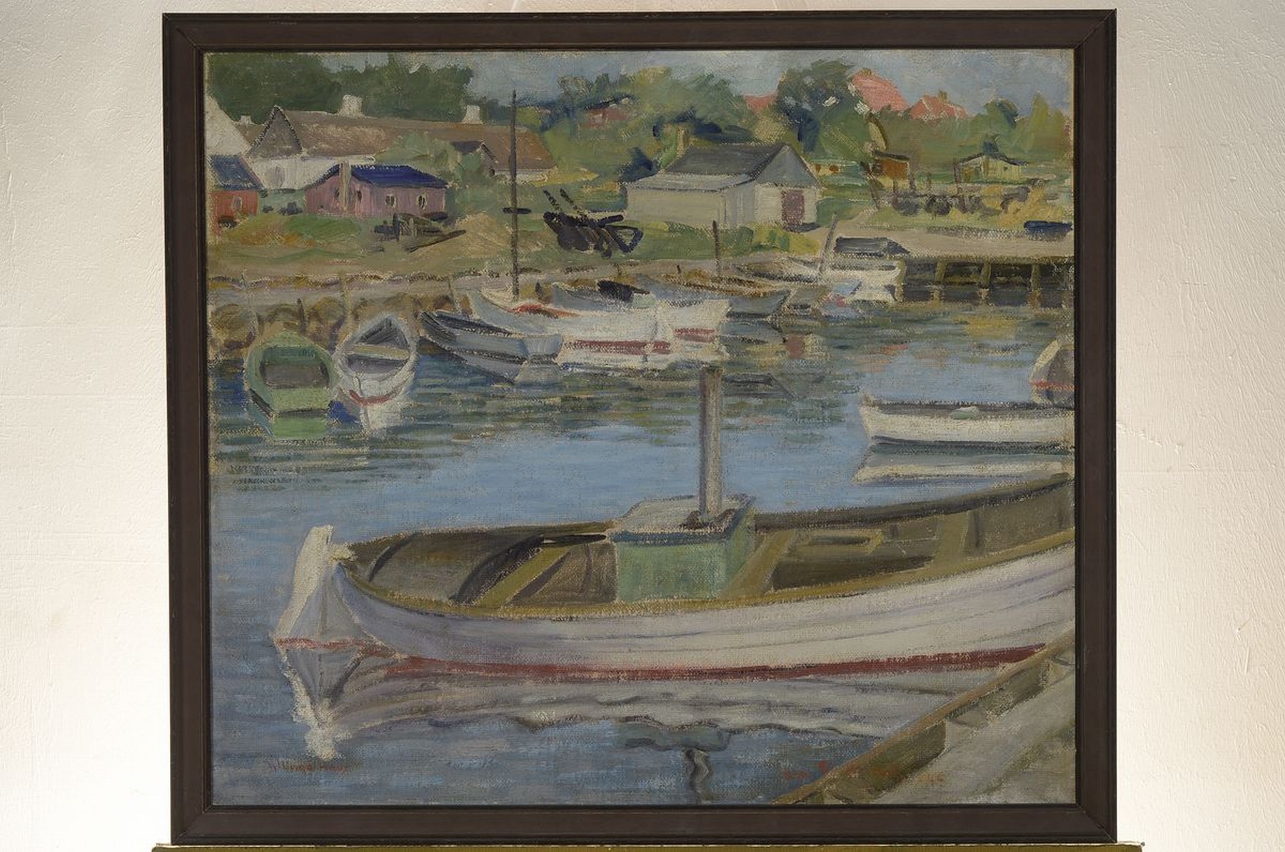 Detail k: Hjalmar Alexander Krogh-Petersen, 1883-1962,Blick in einen Bootshafen, Öl/Lwd, rechts unten signiert und dat. 45, ortsbez.: Iyllinge Have, ca. ...