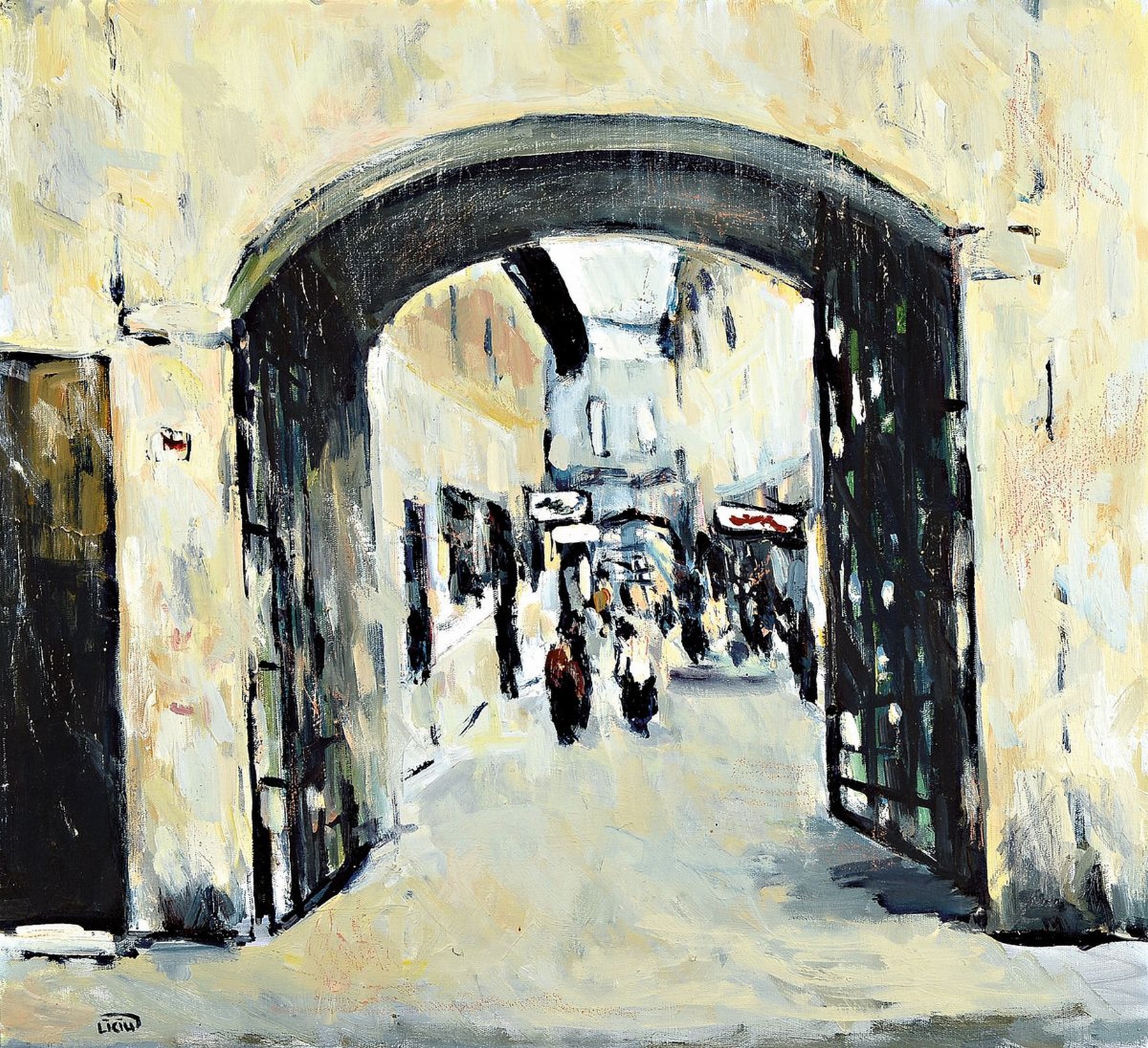 Liciu Lucian, geb. 1968, Rumänien Poarta, Straßenszene, Acryl/Lwd, rückseitig bezeichnet und signiert, signiert, ca. 53 x 58 cm, Rahmen: 62 x 67 cm