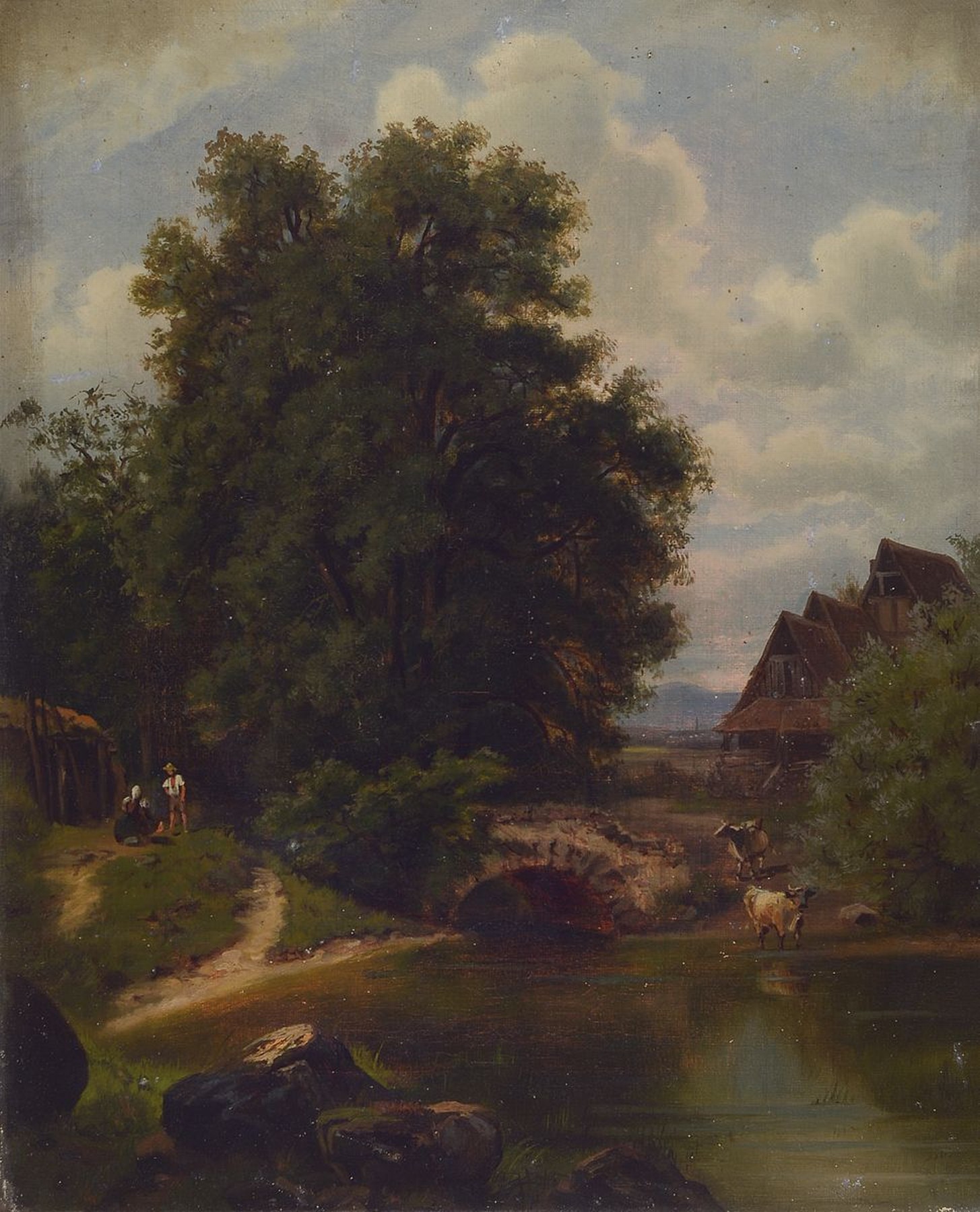 Unbekannter Romantiker, Mitte 19. Jh., Landschaft mit Bauernpaar und Kühen an der Tränke, Öl/Lwd, unsigniert, feine lasierende Malerei mit großer ...