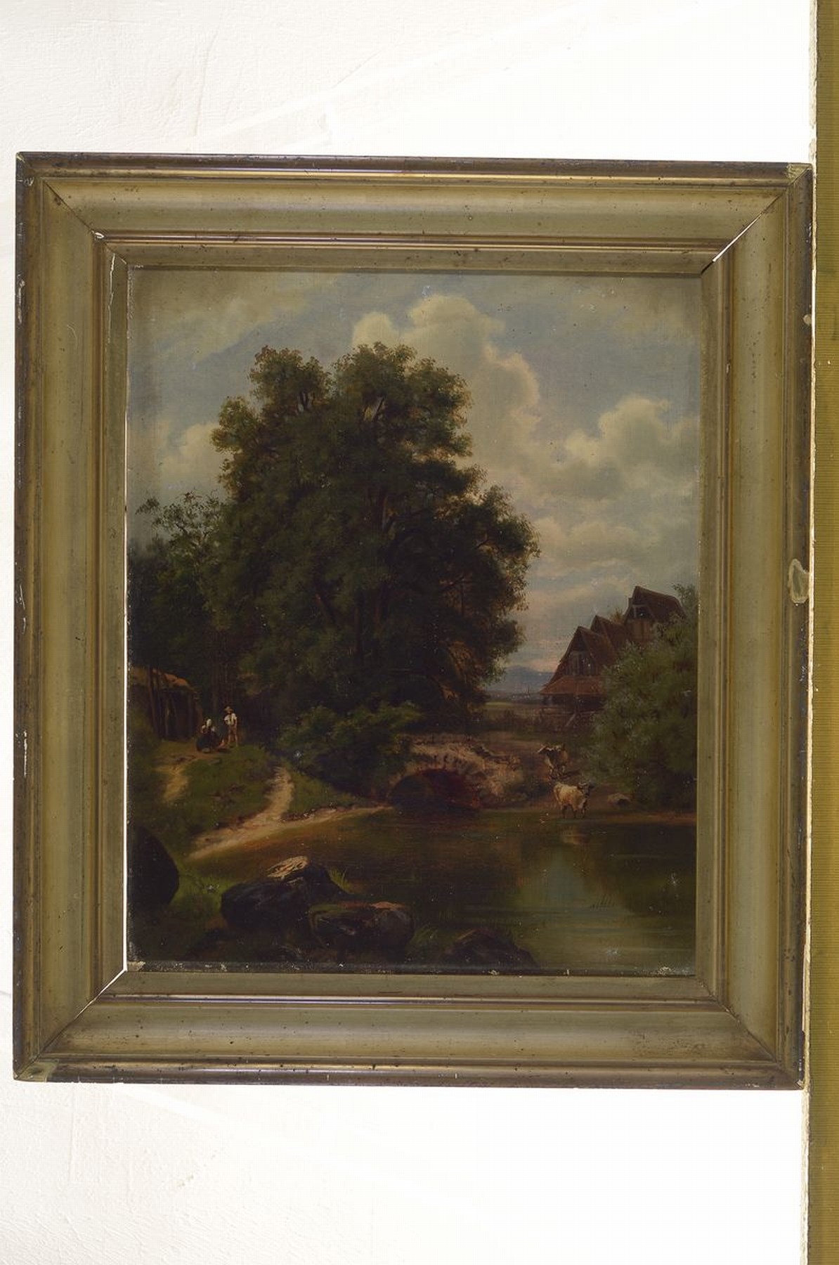 Detail k: Unbekannter Romantiker, Mitte 19. Jh., Landschaft mit Bauernpaar und Kühen an der Tränke, Öl/Lwd, unsigniert, feine lasierende Malerei mit großer ...