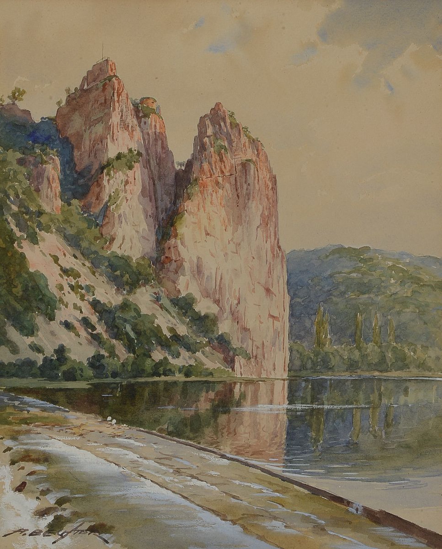 August Bechter, 1889 Bad Kreuznach-1965, Blick auf den Rheingrafenstein, Aquarell auf Papier, links unten signiert, ca. 29x24cm, PP, u.Gl., R. ca. ...