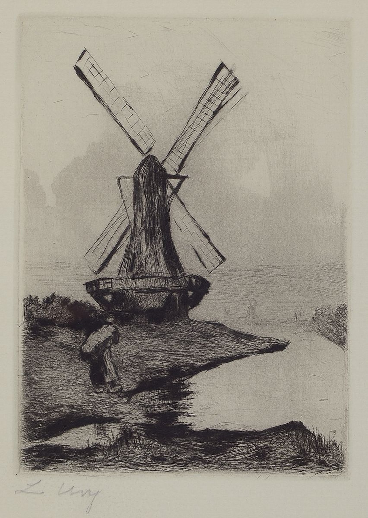 Lesser Ury, 1861 Birnbaum-1931 Berlin, holländische Landschaft mit Bäuerin und Windmühle, Radierung, links unten signiert, ca. 17x12.5cm, u.Gl., ...