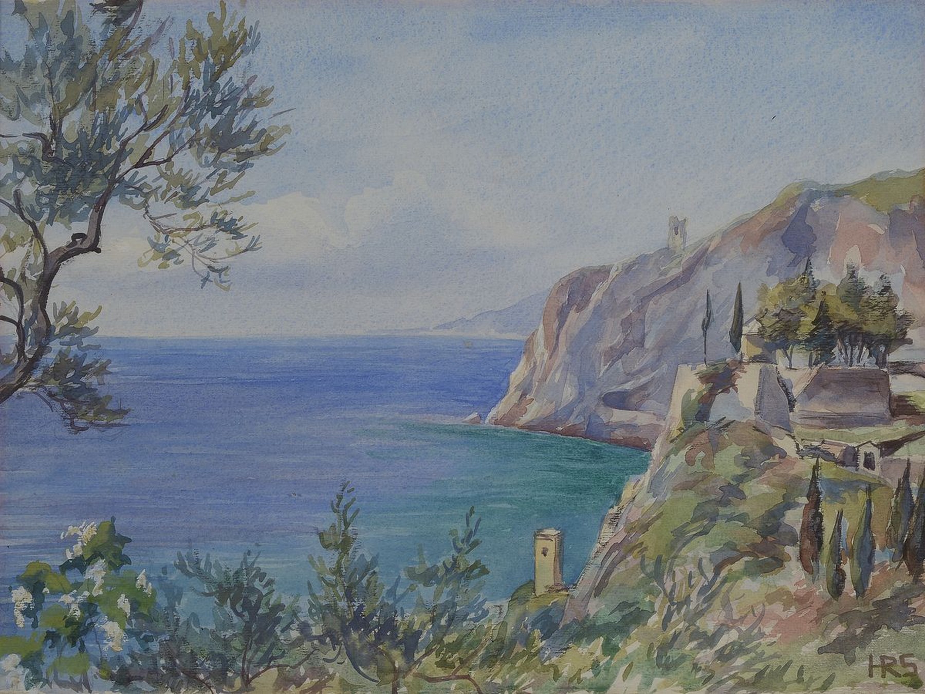 Herbert Rolf Schlegel, 1889 Breslau-1972 Schondorf/Ammersee, Landschaft bei Finale Liguria, Aquarell auf Papier, rechts unten monogrammiert HRS, ca. ...