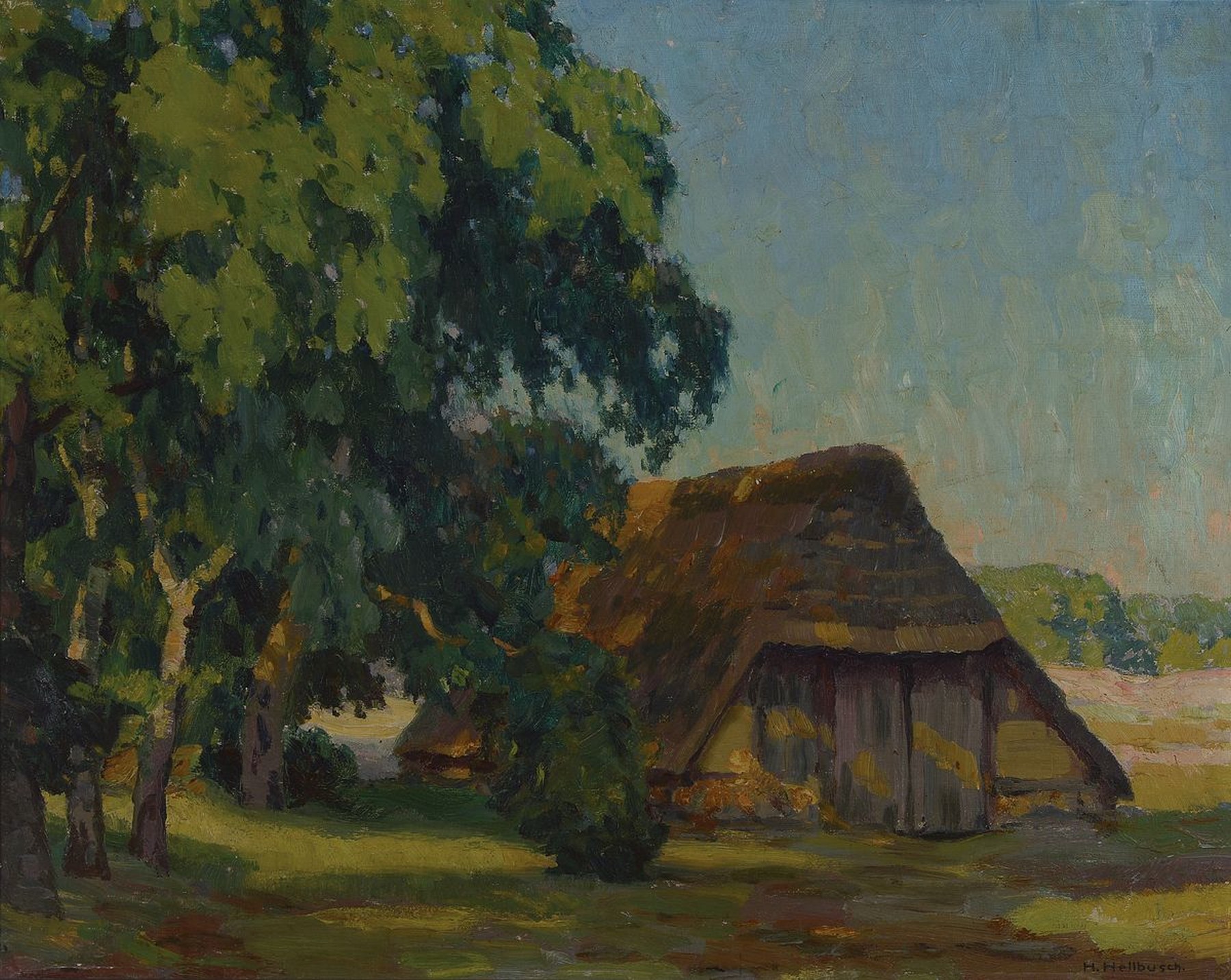 Hermann Hellbusch, 1879 Großenkneten-1968 Bad Homburg, Alte Kate im Tecklenburger Land, so rückseitig betitelt, Öl/Hartfaser, rechts unten ...