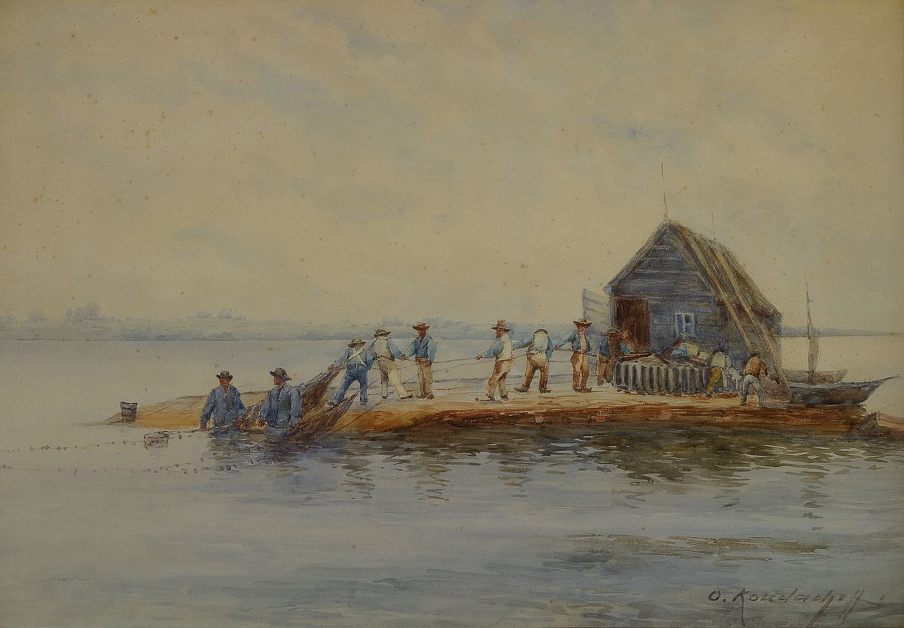 Olga Koudacheff, russische Künstlerin um 1900-1910, Störfischer auf der Wolga, Aquarell auf Papier, rechts unten signiert, leicht gebräunt und ...