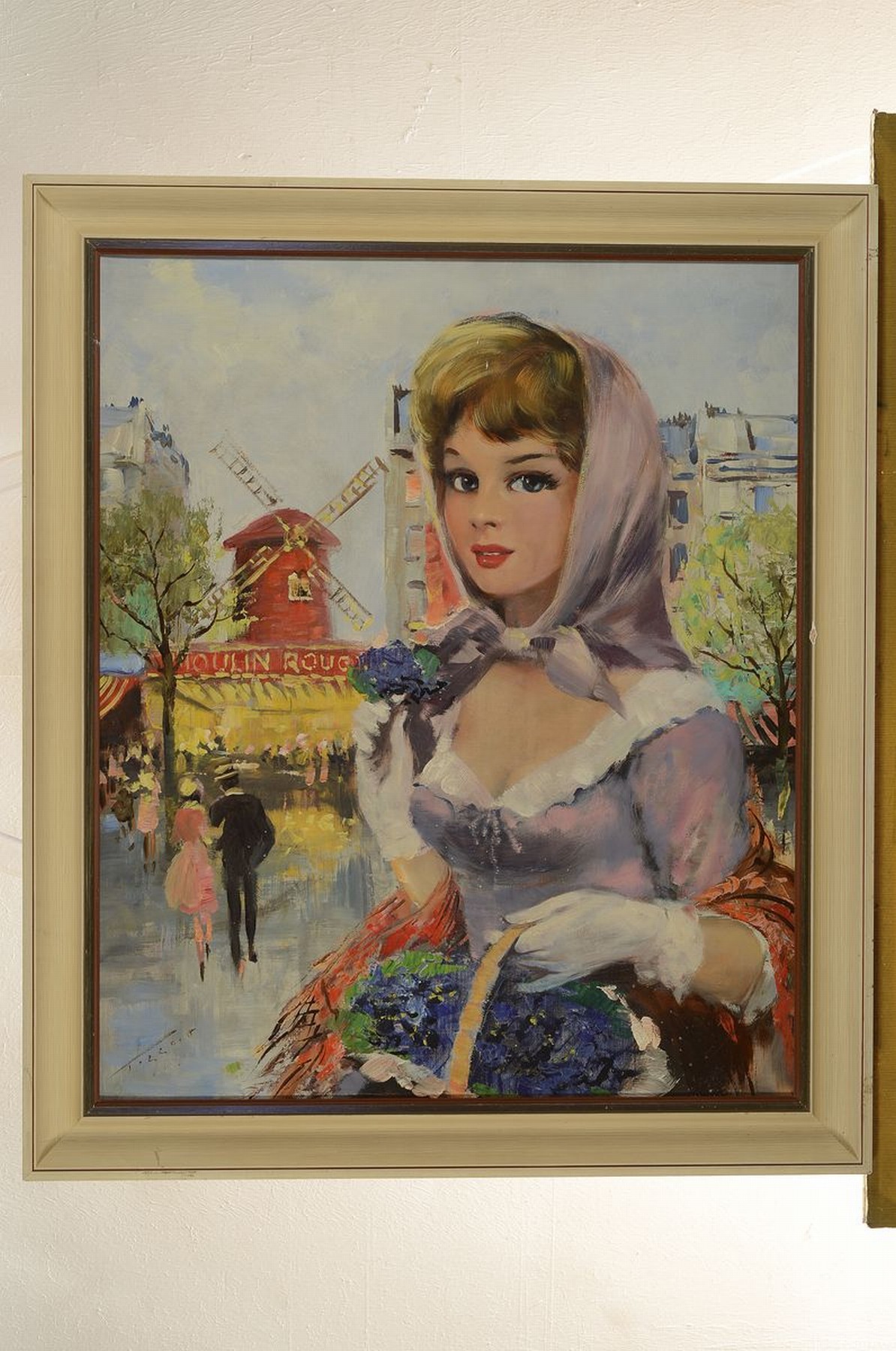 Detail k: Tissot, Spätimpressionist des 20. Jh., Junge Frau vor dem Moulin Rouge in Paris, Öl/Lwd, links unten signiert, ca. 60x50cm, R. ca. 68x58cm