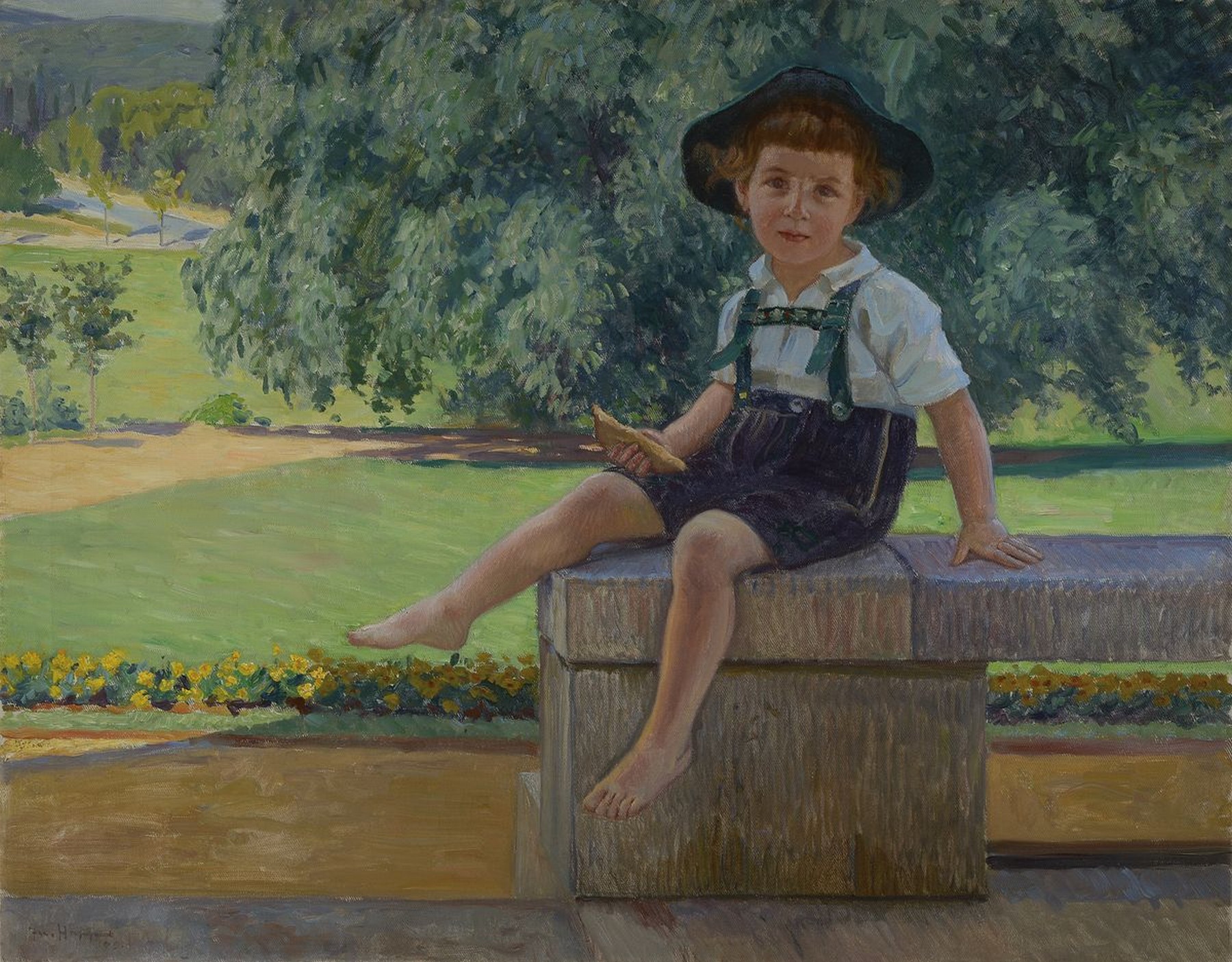 Jakob Happ, 1861-1936 Frankfurt/Main, Sommerliche Parklandschaft mit kleinem Jungen in Lederhose, Öl/Lwd, signiert und dat. 09, ca. 86x108cm