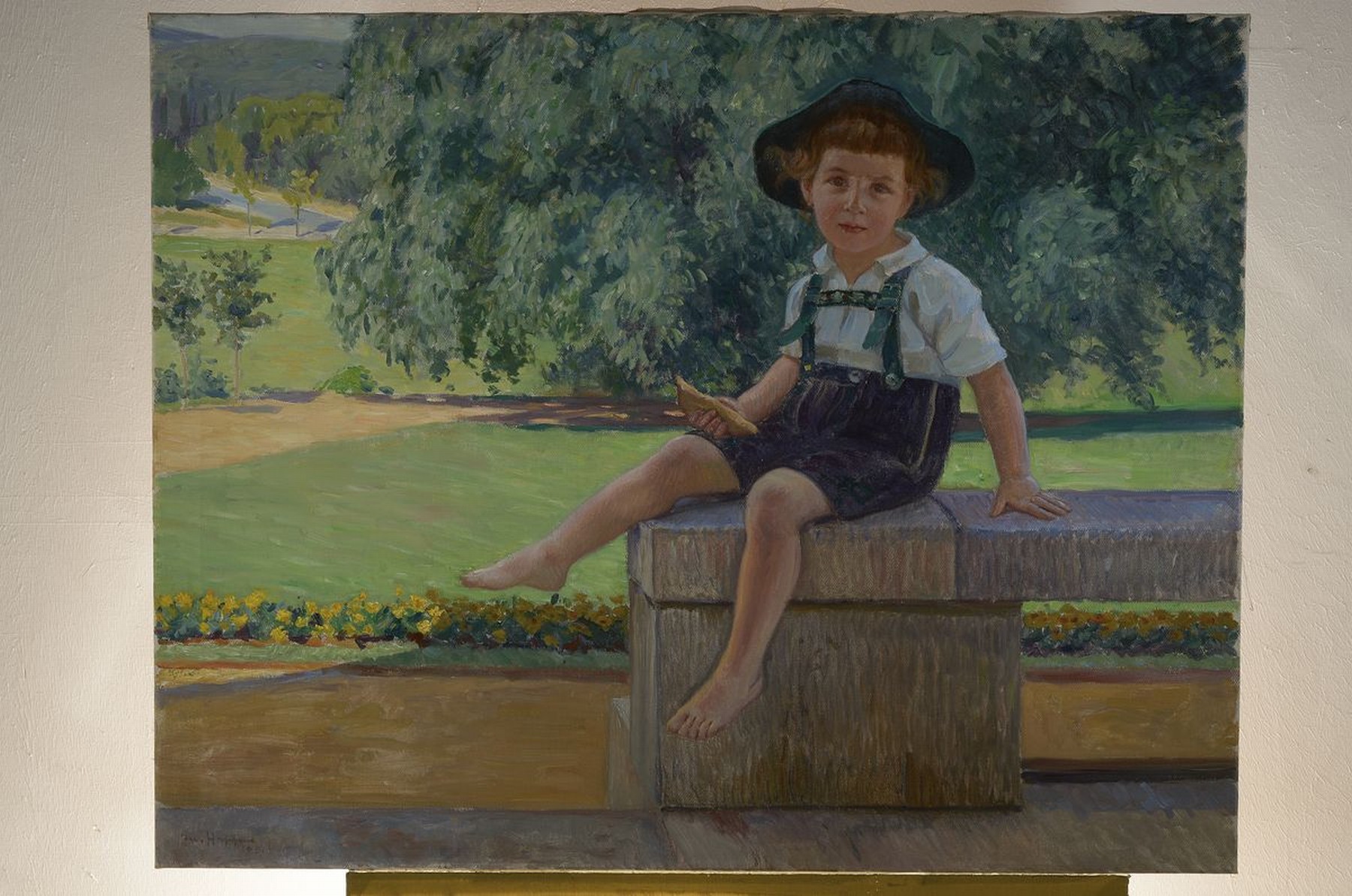 Detail k: Jakob Happ, 1861-1936 Frankfurt/Main, Sommerliche Parklandschaft mit kleinem Jungen in Lederhose, Öl/Lwd, signiert und dat. 09, ca. 86x108cm