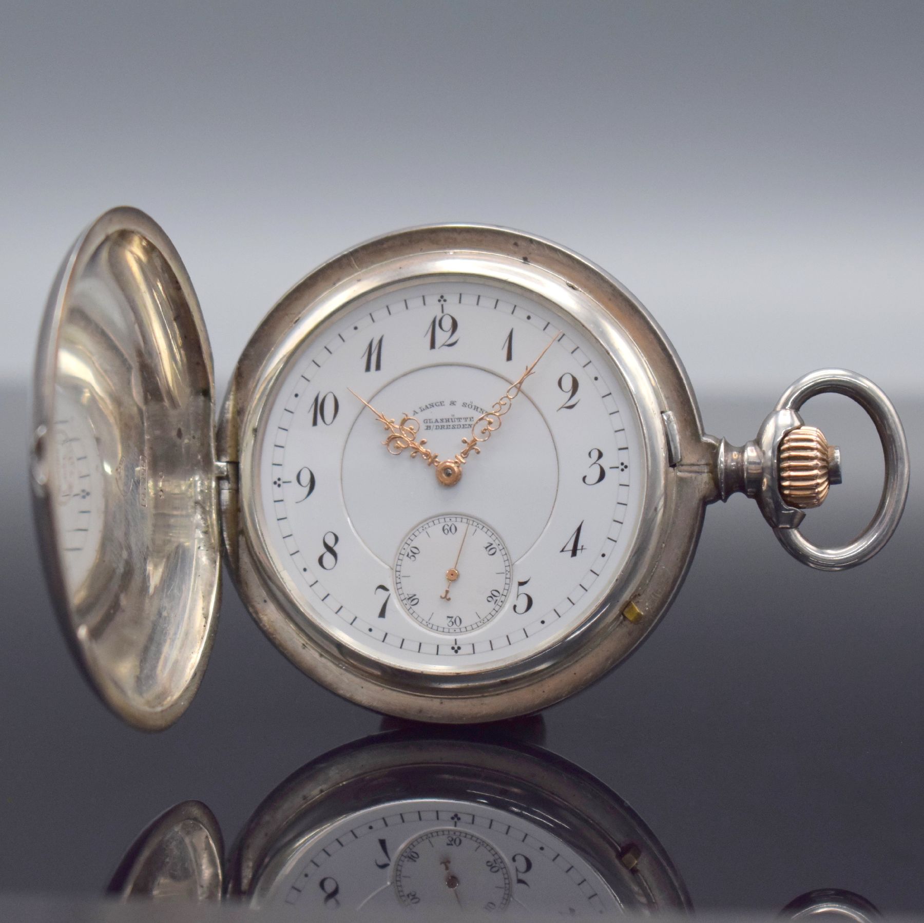 A. LANGE & SÖHNE seltene staubdichte Herren- Savonette in Silber, Deutschland 1893, glattes Lucia-Geh. m. à-Goutte-Schlüssen, Sprungdeckel m. ...
