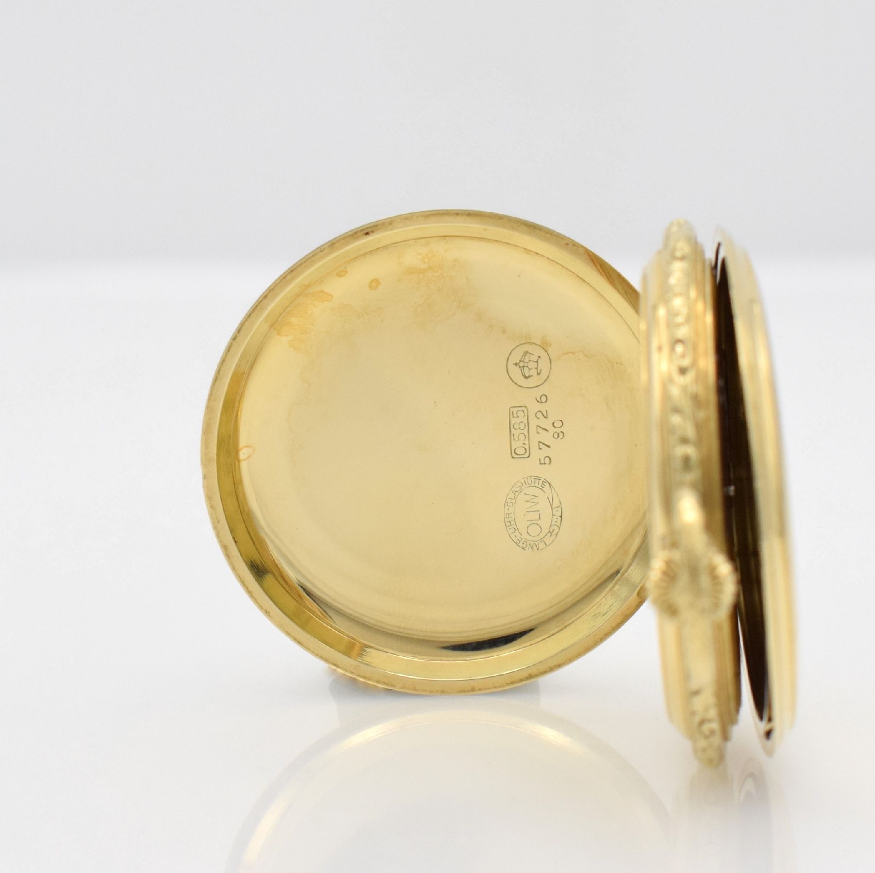 Detail b: LANGE-UHR Glashütte i/Sa. Deutsche Uhrenfabrikation OLIW Savonette in GG 585/000 mit original Etui & Garantieschein, Deutschland um 1938, glattes ...