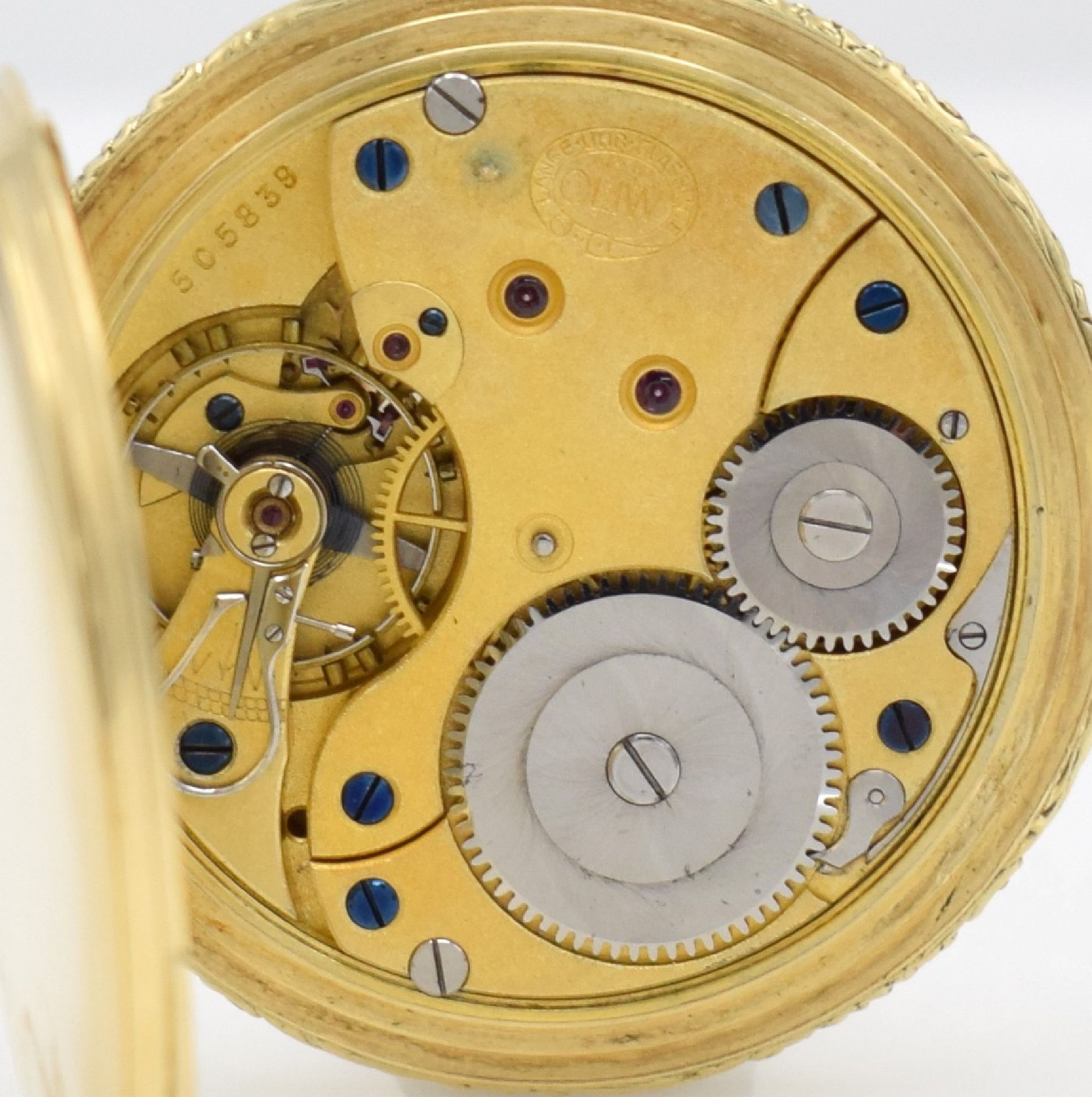 Detail i: LANGE-UHR Glashütte i/Sa. Deutsche Uhrenfabrikation OLIW Savonette in GG 585/000 mit original Etui & Garantieschein, Deutschland um 1938, glattes ...