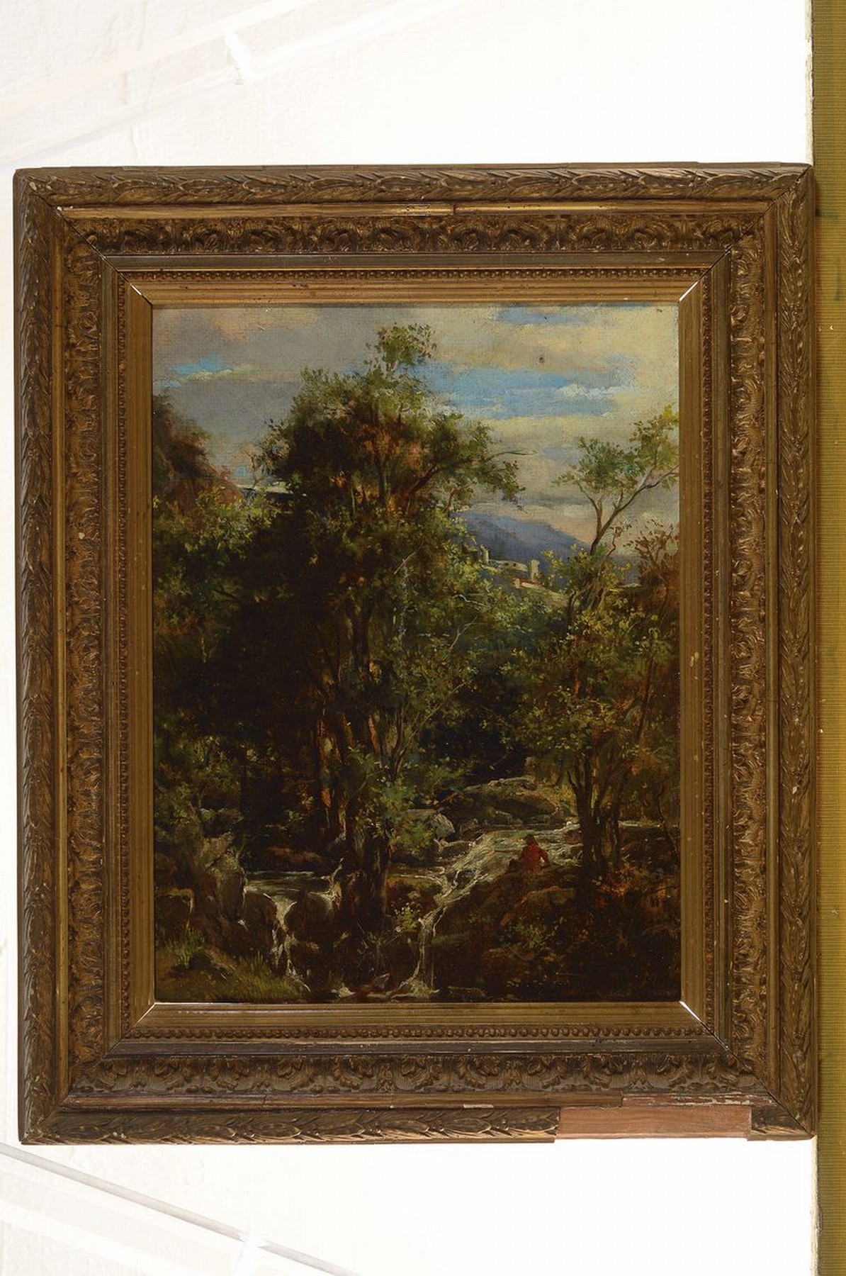 Detail k: James Marshall, 1838 - 1902, Flußlandschaft mit rastender Person im roten Rock, Öl/ Malkarton, re. unten monogrammiert JM, ca. 31 x 23 cm, Rahmen ...