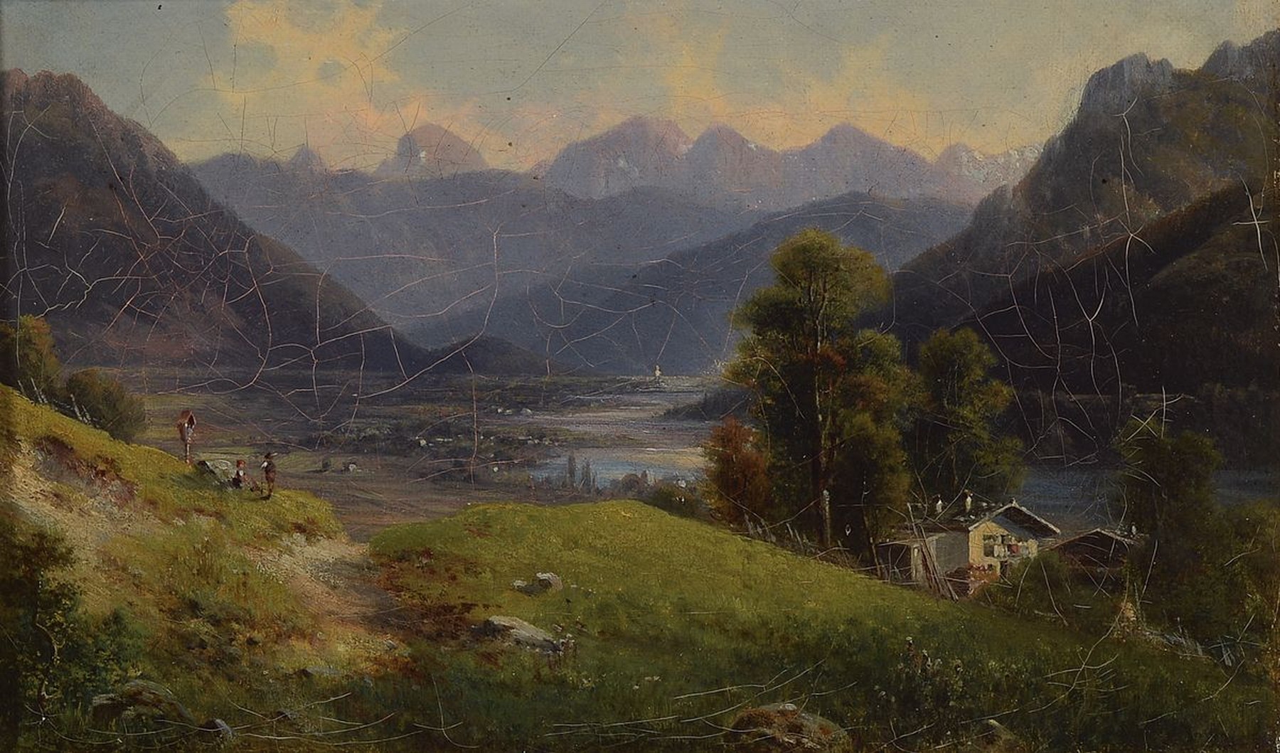 Carl le Feubure, 1805 München - 1885, Isartal bei Tölz, Öl/Lwd, signiert, krakeliert, Altersspuren, signiert, ca. 15 x 25 cm, Rahmen l. besch. und ...